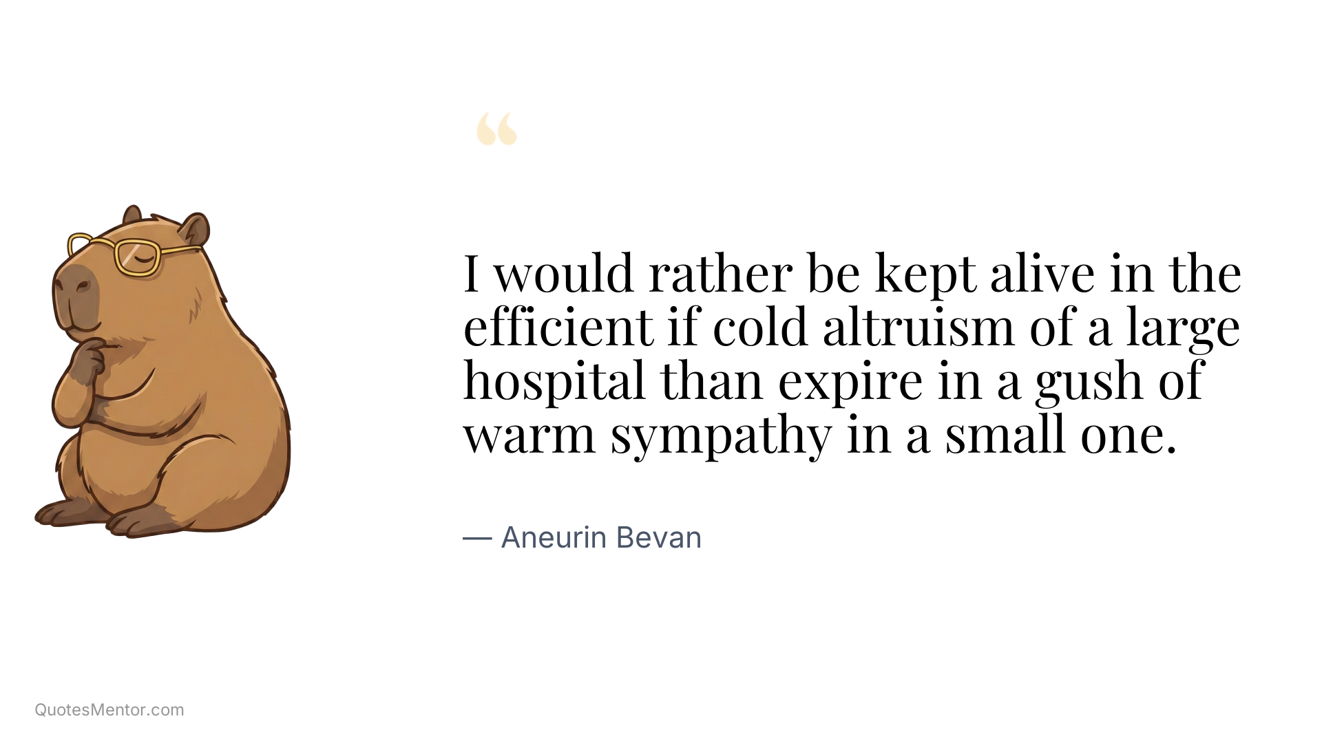 I would rather be kept alive in the efficient if cold altruism of a large hospital than expire in a gush of warm sympathy in a small one. - Aneurin Bevan
