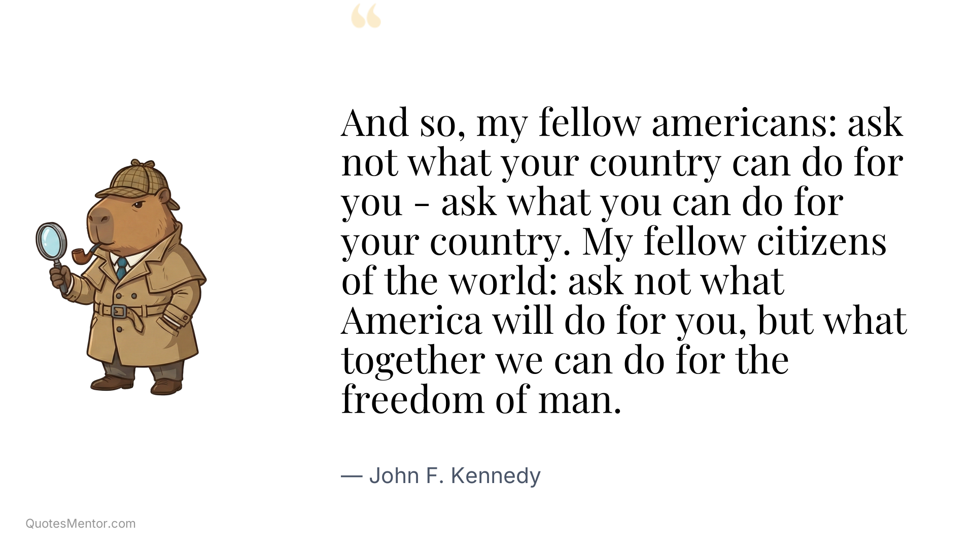 And so, my fellow americans: ask not what your country can do for you - ask what you can do for your country. My fellow citizens of the world: ask not what America will do for you, but what together we can do for the freedom of man. - John F. Kennedy