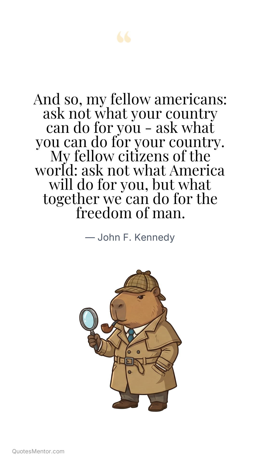 And so, my fellow americans: ask not what your country can do for you - ask what you can do for your country. My fellow citizens of the world: ask not what America will do for you, but what together we can do for the freedom of man. - John F. Kennedy