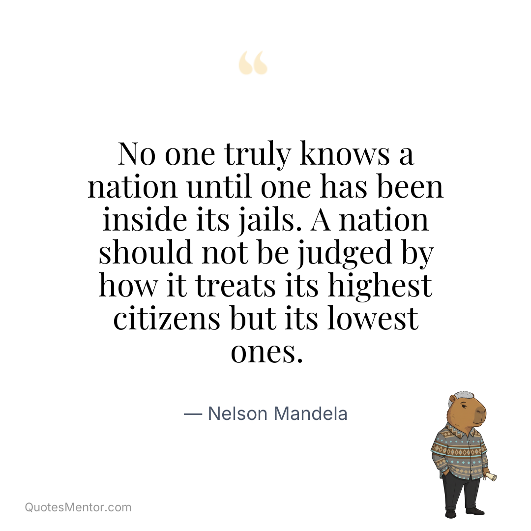 No one truly knows a nation until one has been inside its jails. A nation should not be judged by how it treats its highest citizens but its lowest ones. - Nelson Mandela