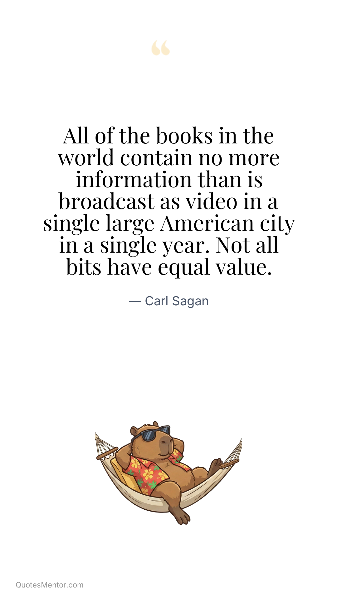All of the books in the world contain no more information than is broadcast as video in a single large American city in a single year. Not all bits have equal value. - Carl Sagan