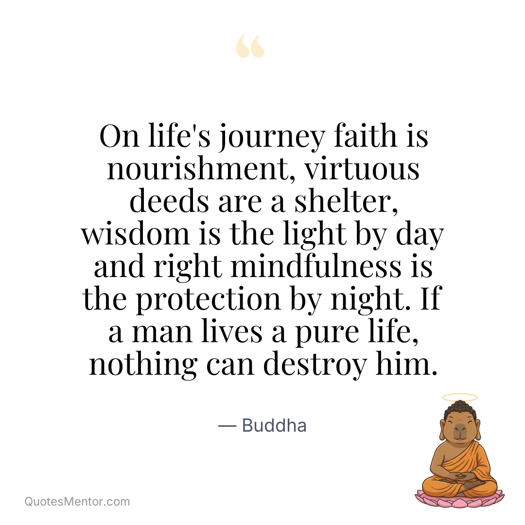 On life’s journey faith is nourishment, virtuous deeds are a shelter, wisdom is the light by day and right mindfulness is the protection by night. If a man lives a pure life, nothing can destroy him. - Buddha