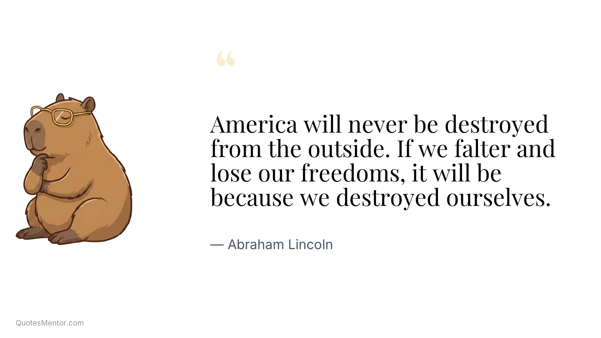America will never be destroyed from the outside. If we falter and lose our freedoms, it will be because we destroyed ourselves. - Abraham Lincoln