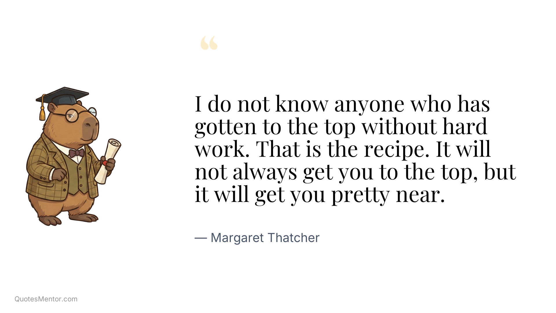 I do not know anyone who has gotten to the top without hard work. That is the recipe. It will not always get you to the top, but it will get you pretty near. - Margaret Thatcher