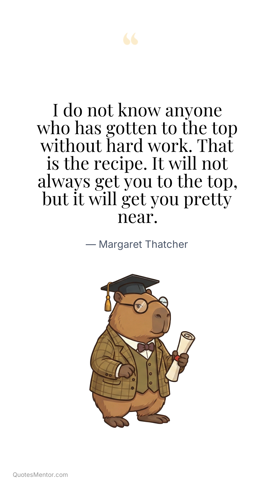 I do not know anyone who has gotten to the top without hard work. That is the recipe. It will not always get you to the top, but it will get you pretty near. - Margaret Thatcher