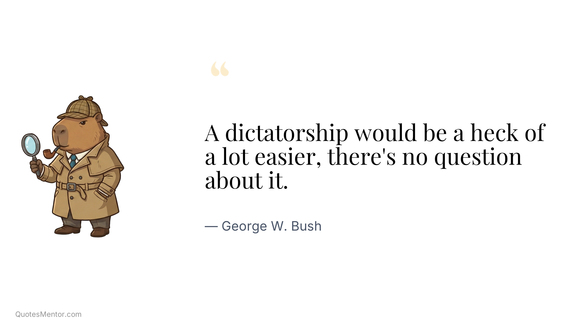 A dictatorship would be a heck of a lot easier, there's no question about it. - George W. Bush