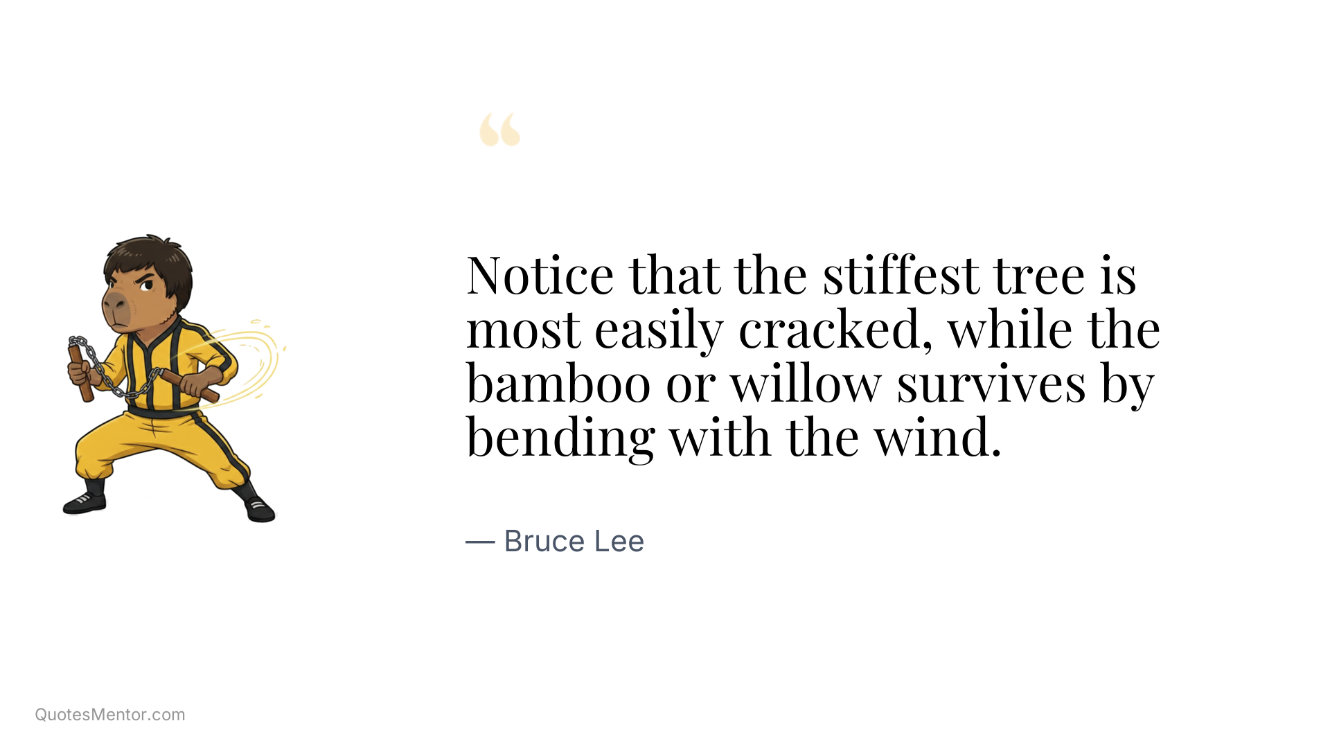 Notice that the stiffest tree is most easily cracked, while the bamboo or willow survives by bending with the wind. - Bruce Lee