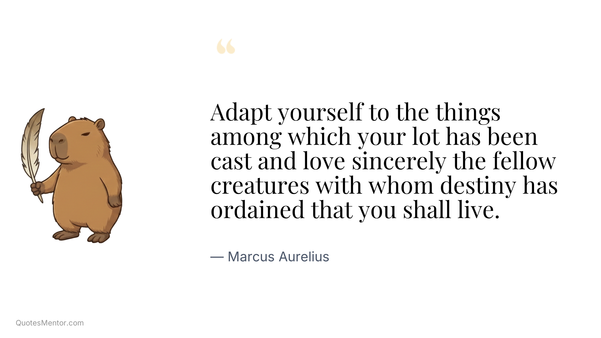 Adapt yourself to the things among which your lot has been cast and love sincerely the fellow creatures with whom destiny has ordained that you shall live. - Marcus Aurelius