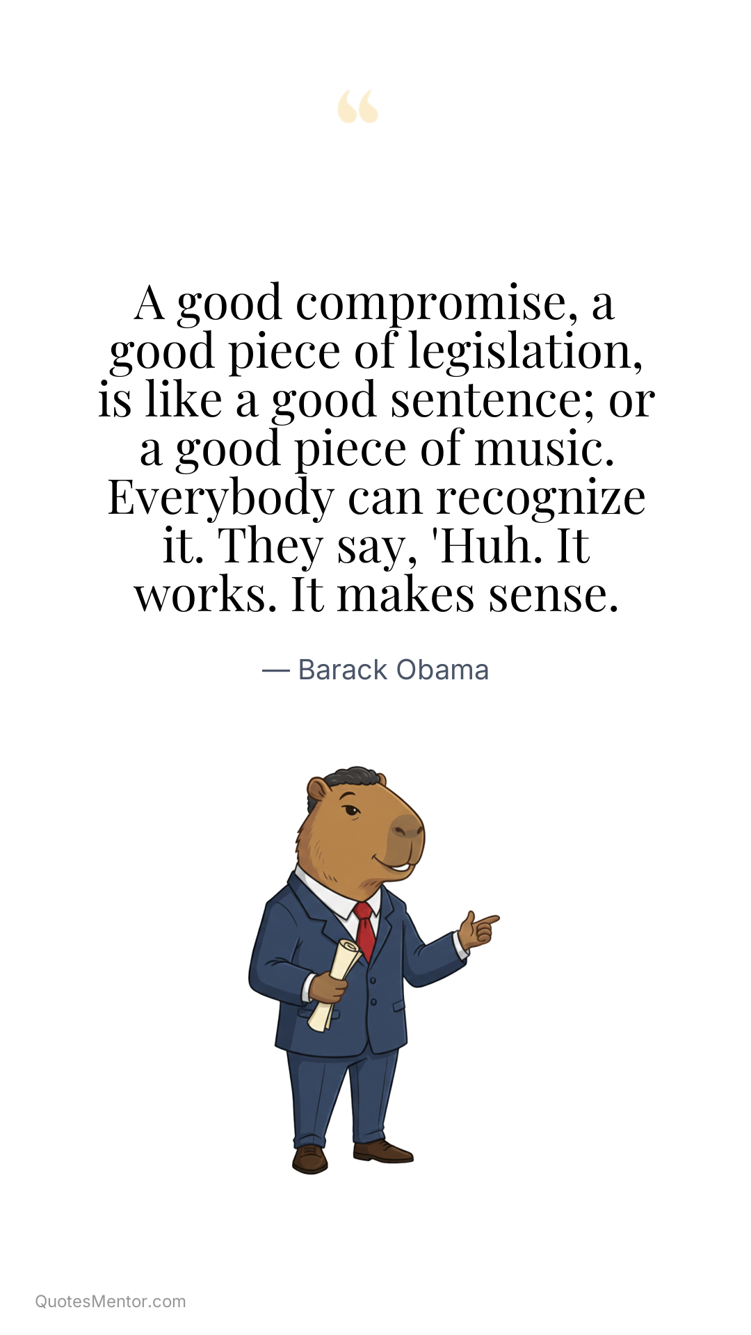 A good compromise, a good piece of legislation, is like a good sentence; or a good piece of music. Everybody can recognize it. They say, 'Huh. It works. It makes sense. - Barack Obama