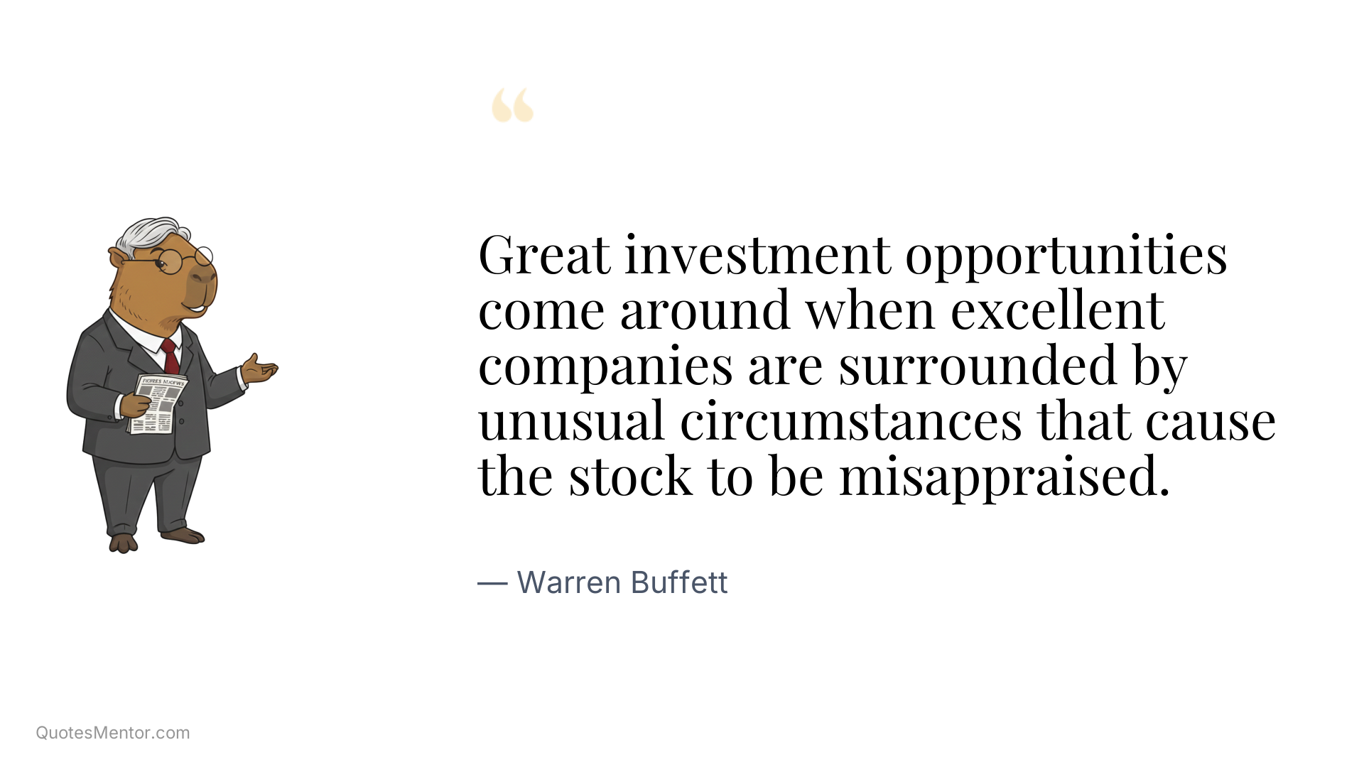 Great investment opportunities come around when excellent companies are surrounded by unusual circumstances that cause the stock to be misappraised. - Warren Buffett