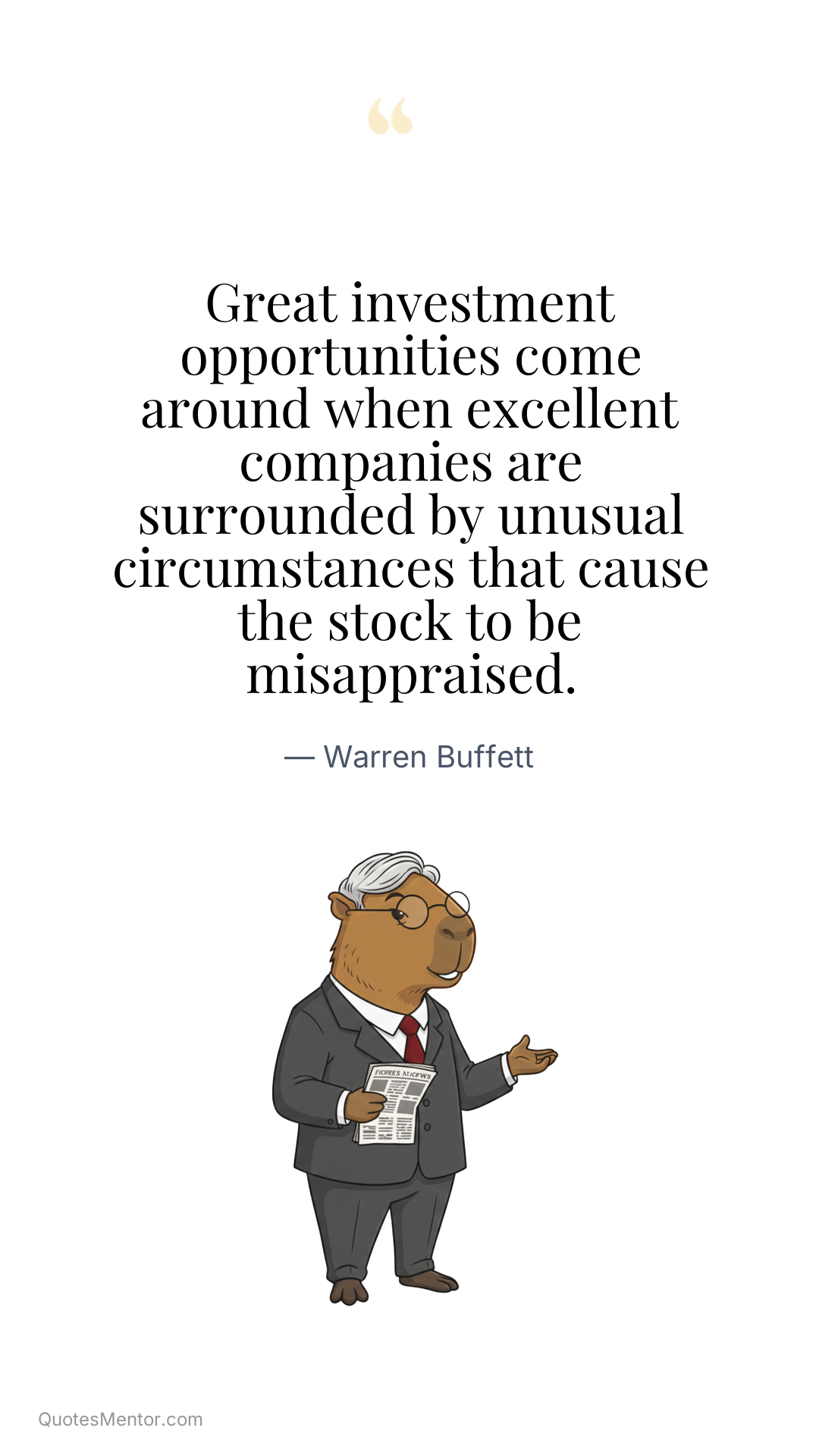 Great investment opportunities come around when excellent companies are surrounded by unusual circumstances that cause the stock to be misappraised. - Warren Buffett