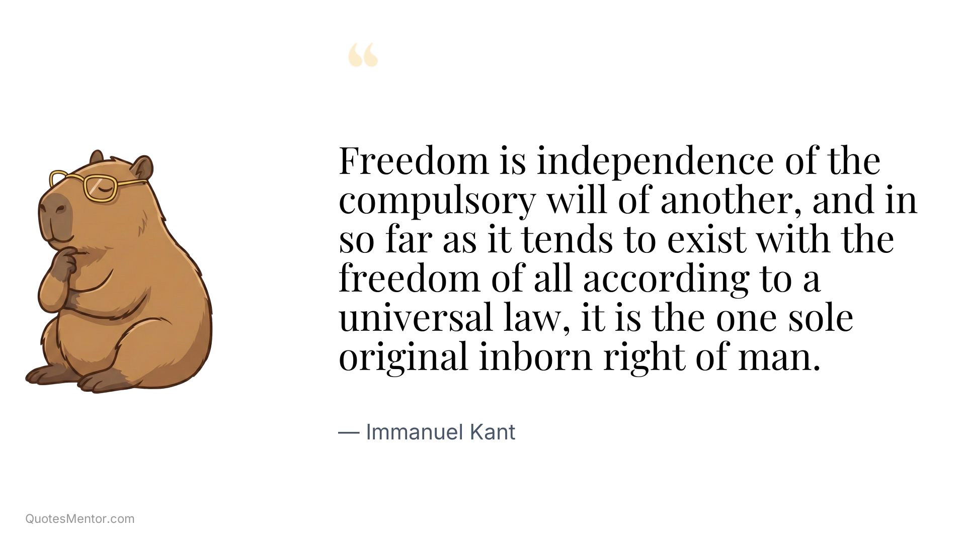 Freedom is independence of the compulsory will of another, and in so far as it tends to exist with the freedom of all according to a universal law, it is the one sole original inborn right of man. - Immanuel Kant