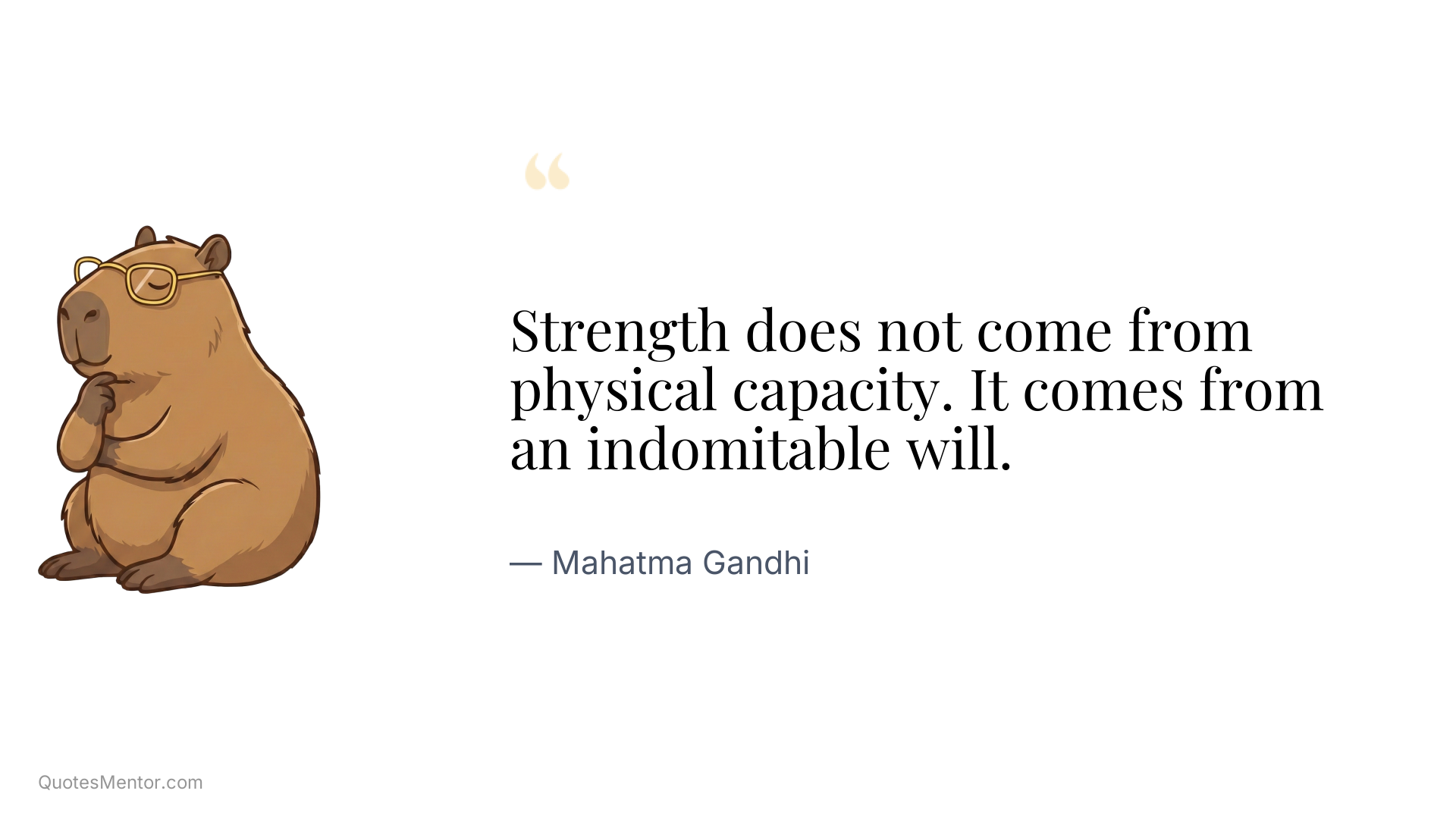 Strength does not come from physical capacity. It comes from an indomitable will. - Mahatma Gandhi