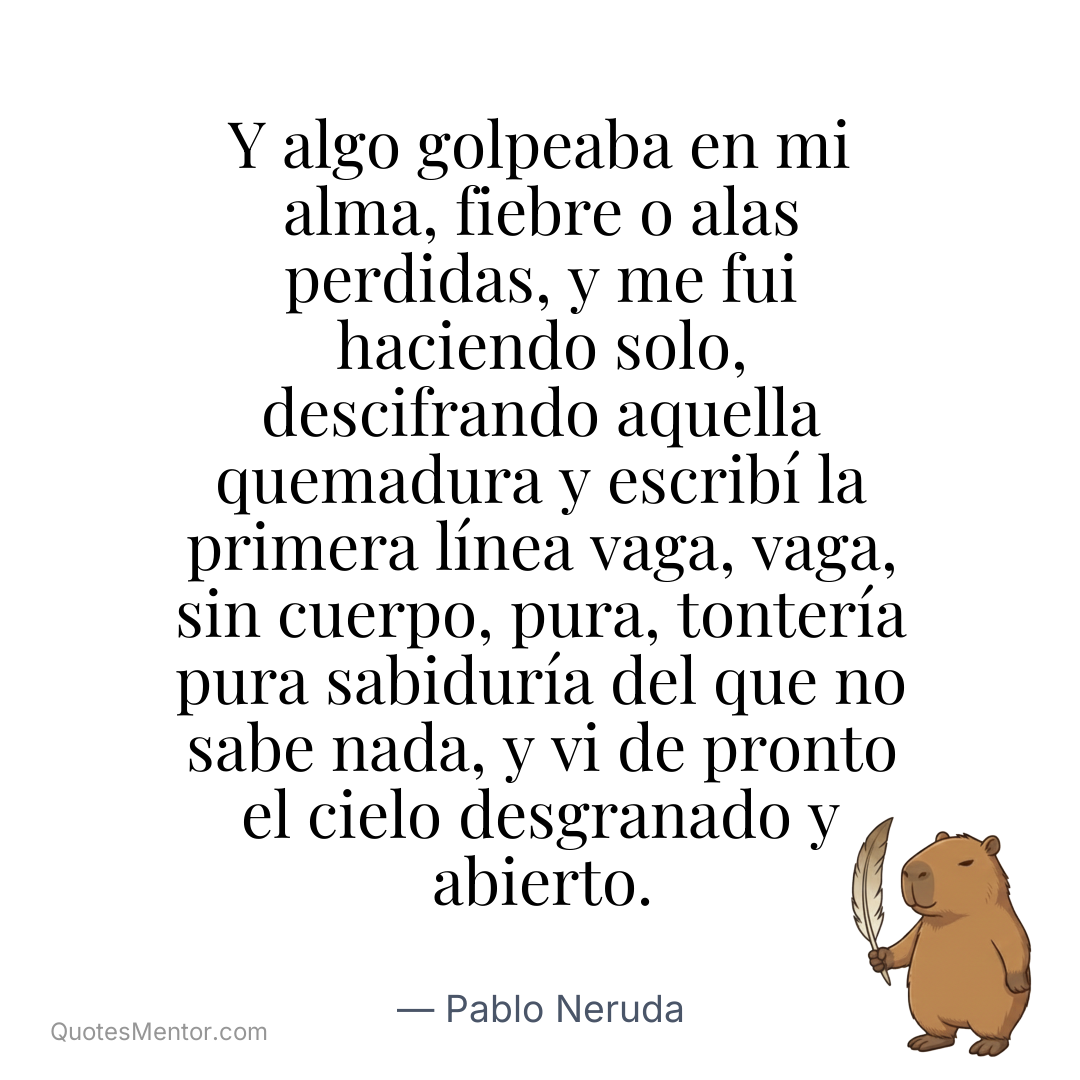 Y algo golpeaba en mi alma, fiebre o alas perdidas, y me fui haciendo solo, descifrando aquella quemadura y escribí la primera línea vaga, vaga, sin cuerpo, pura, tontería pura sabiduría del que no sabe nada, y vi de pronto el cielo desgranado y abierto. - Pablo Neruda