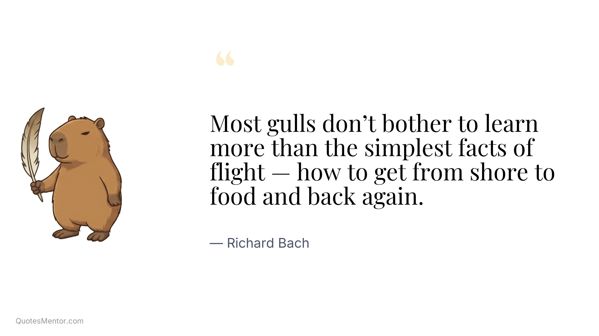 Most gulls don’t bother to learn more than the simplest facts of flight — how to get from shore to food and back again. - Richard Bach