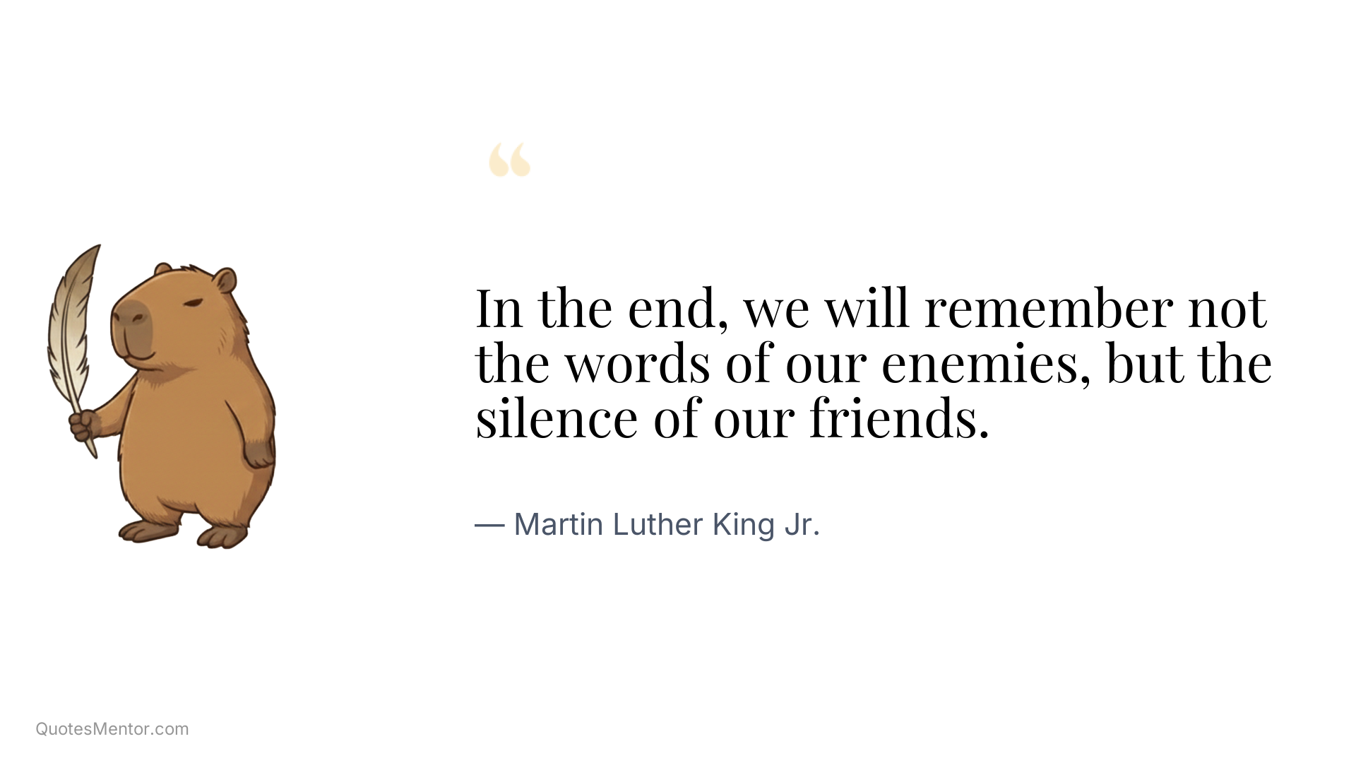 In the end, we will remember not the words of our enemies, but the silence of our friends. - Martin Luther King Jr.