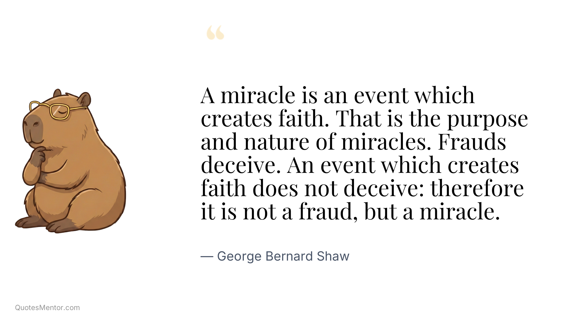 A miracle is an event which creates faith. That is the purpose and nature of miracles. Frauds deceive. An event which creates faith does not deceive: therefore it is not a fraud, but a miracle. - George Bernard Shaw