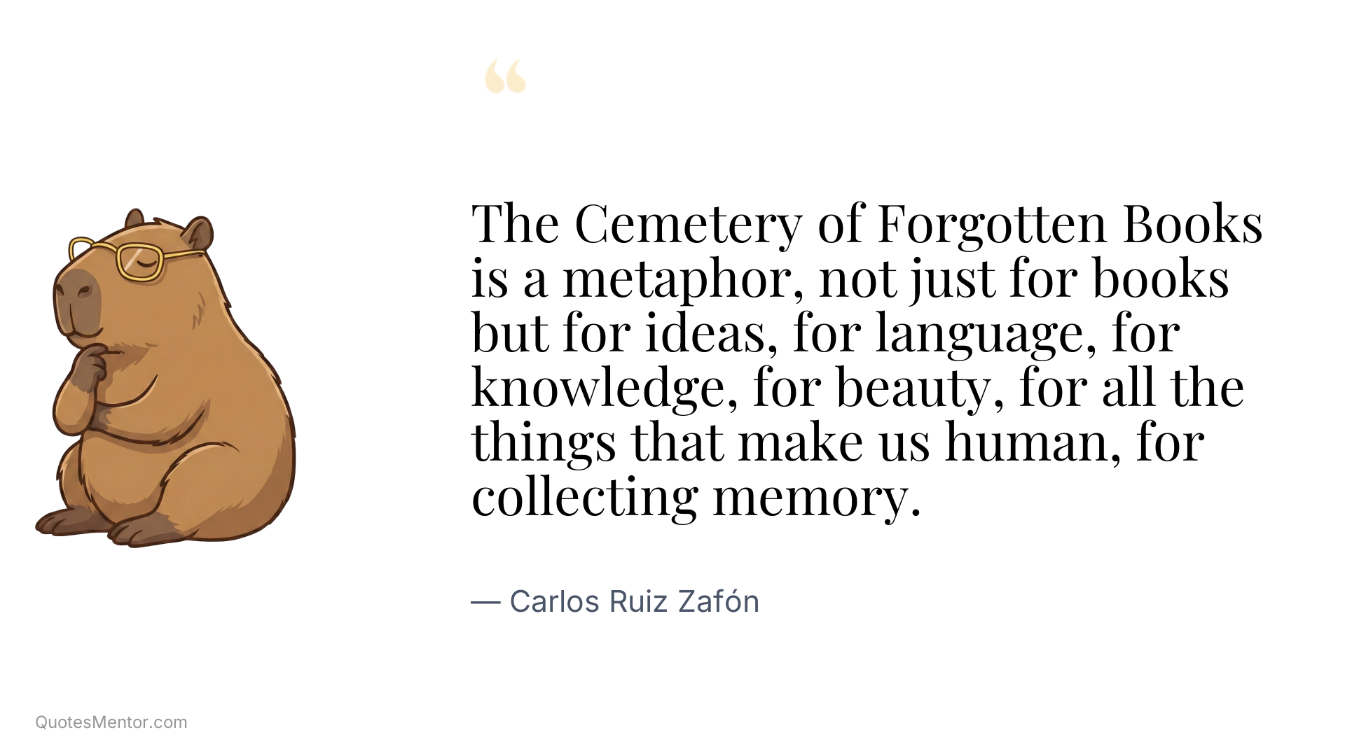 The Cemetery of Forgotten Books is a metaphor, not just for books but for ideas, for language, for knowledge, for beauty, for all the things that make us human, for collecting memory. - Carlos Ruiz Zafón