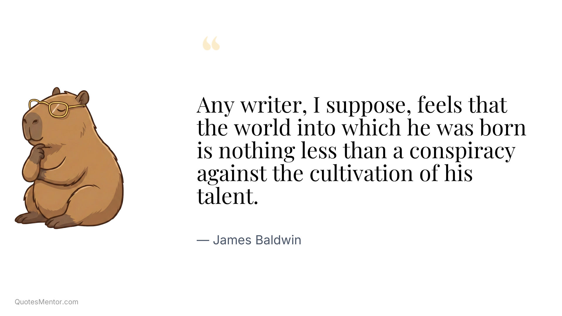 Any writer, I suppose, feels that the world into which he was born is nothing less than a conspiracy against the cultivation of his talent. - James Baldwin