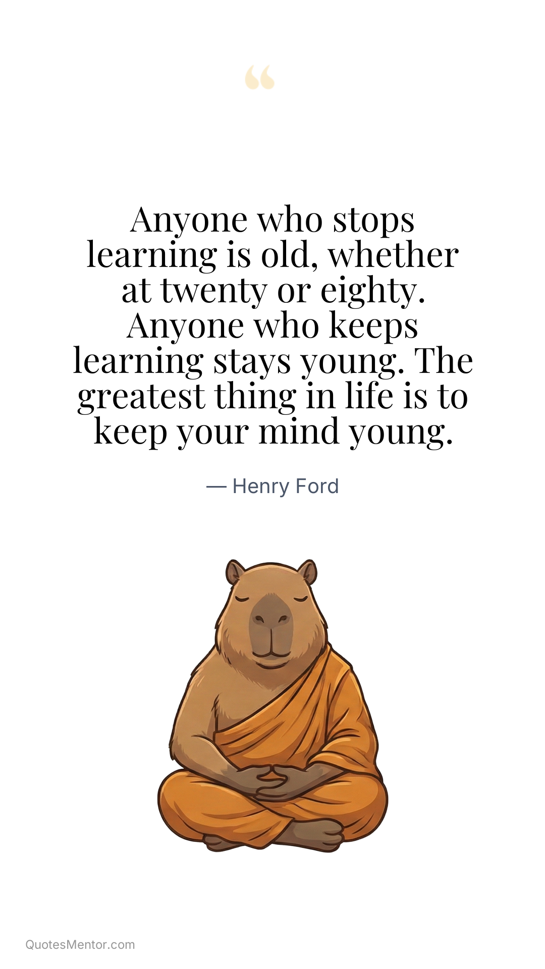 Anyone who stops learning is old, whether at twenty or eighty. Anyone who keeps learning stays young. The greatest thing in life is to keep your mind young. - Henry Ford