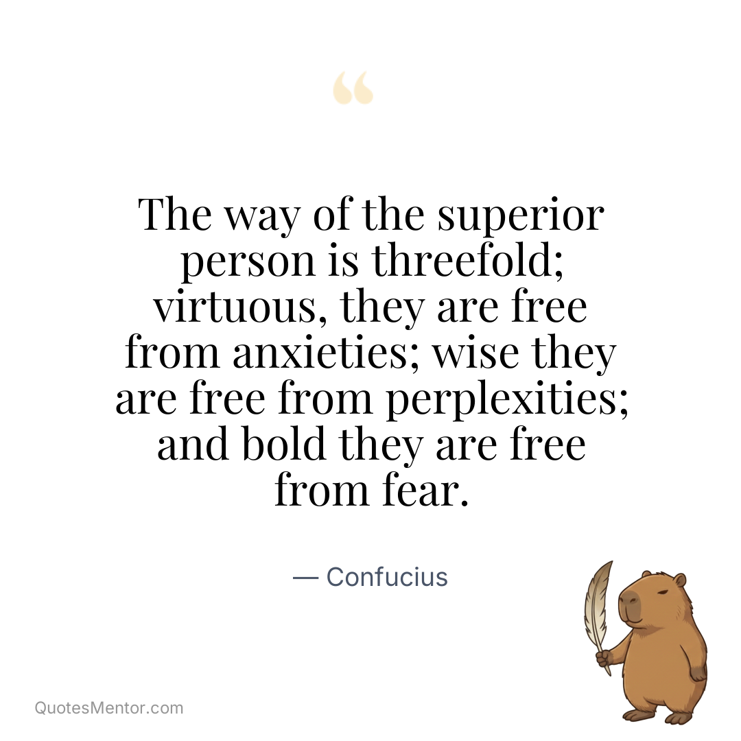 The way of the superior person is threefold; virtuous, they are free from anxieties; wise they are free from perplexities; and bold they are free from fear. - Confucius