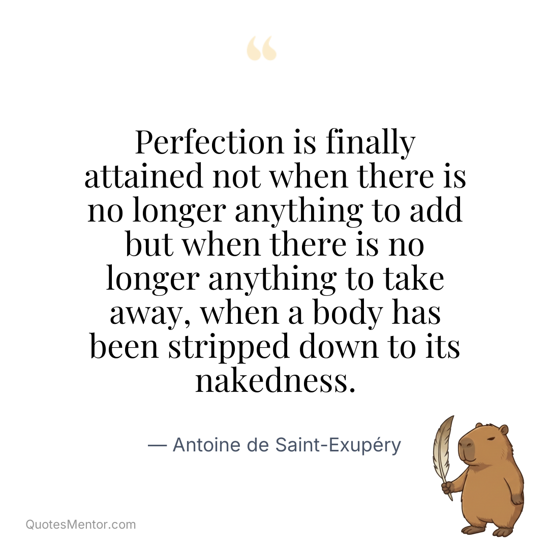 Perfection is finally attained not when there is no longer anything to add but when there is no longer anything to take away, when a body has been stripped down to its nakedness. - Antoine de Saint-Exupéry