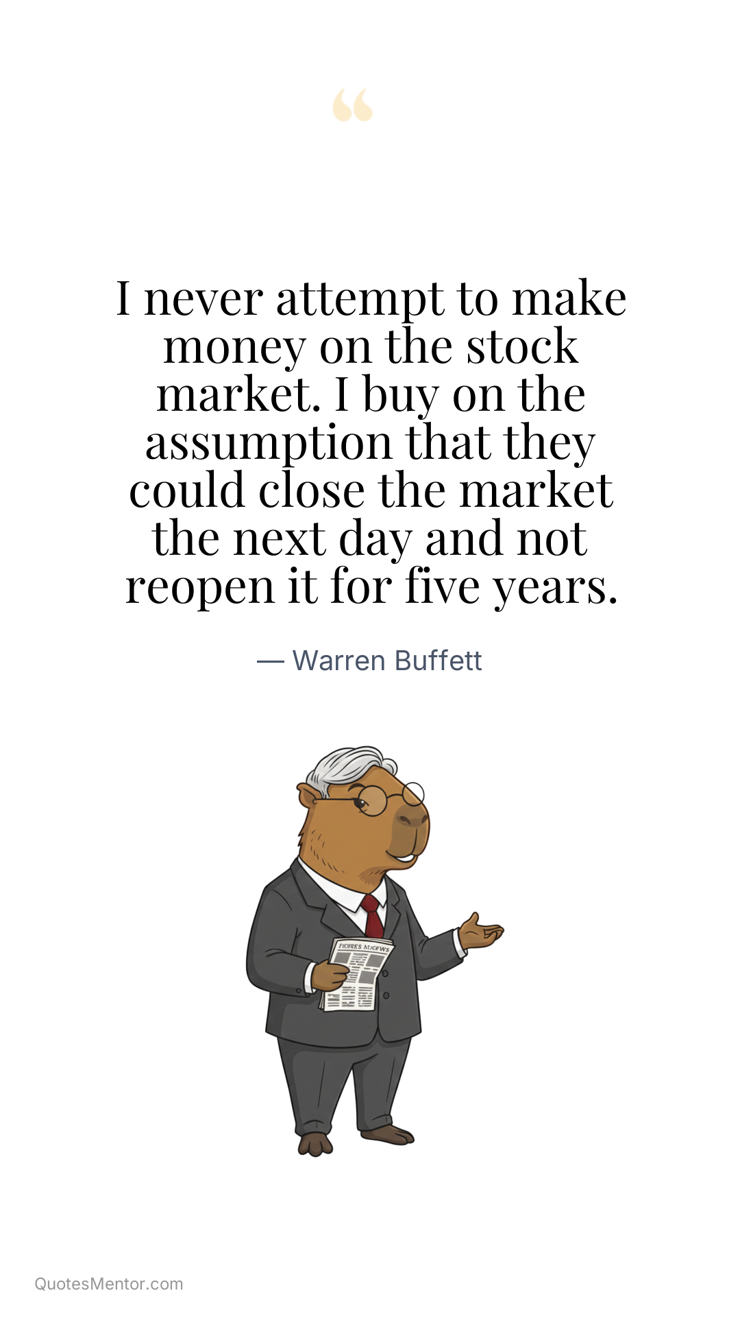 I never attempt to make money on the stock market. I buy on the assumption that they could close the market the next day and not reopen it for five years. - Warren Buffett
