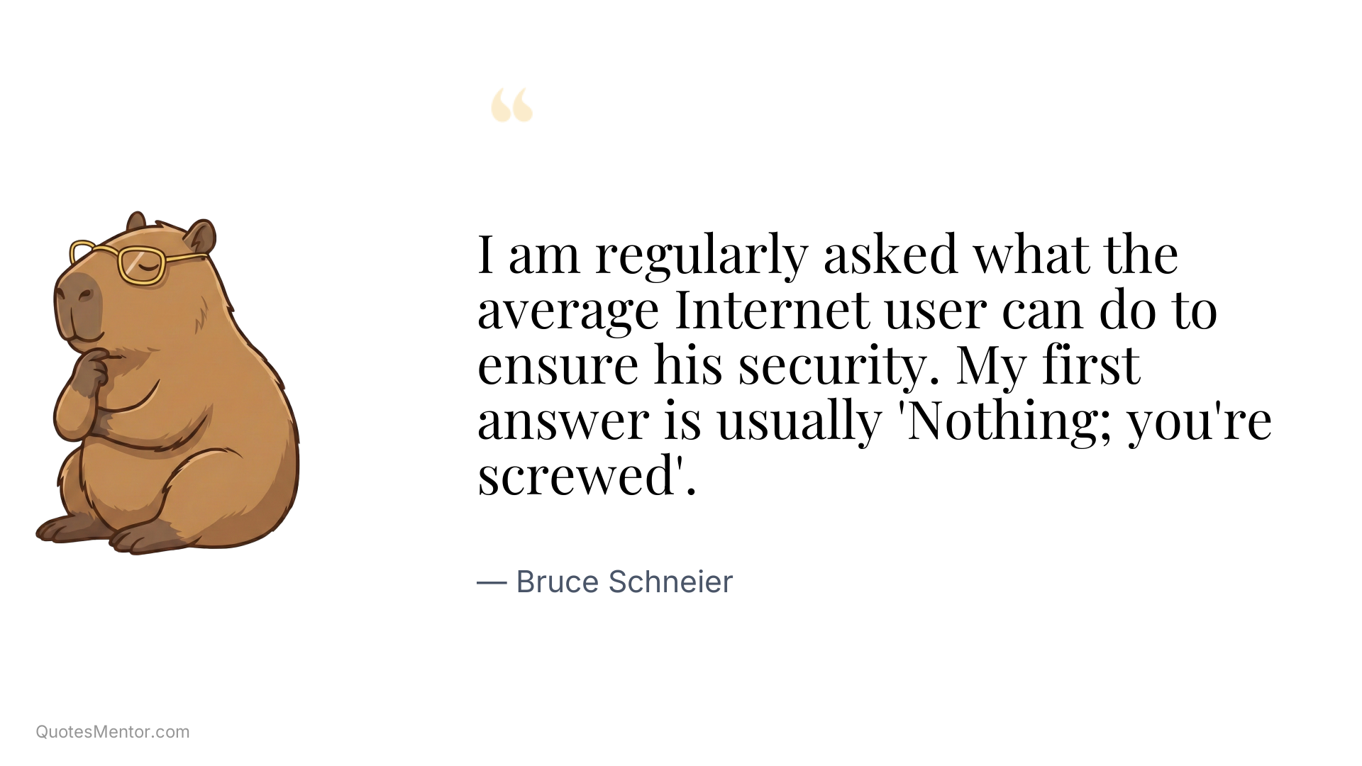 I am regularly asked what the average Internet user can do to ensure his security. My first answer is usually 'Nothing; you're screwed'. - Bruce Schneier