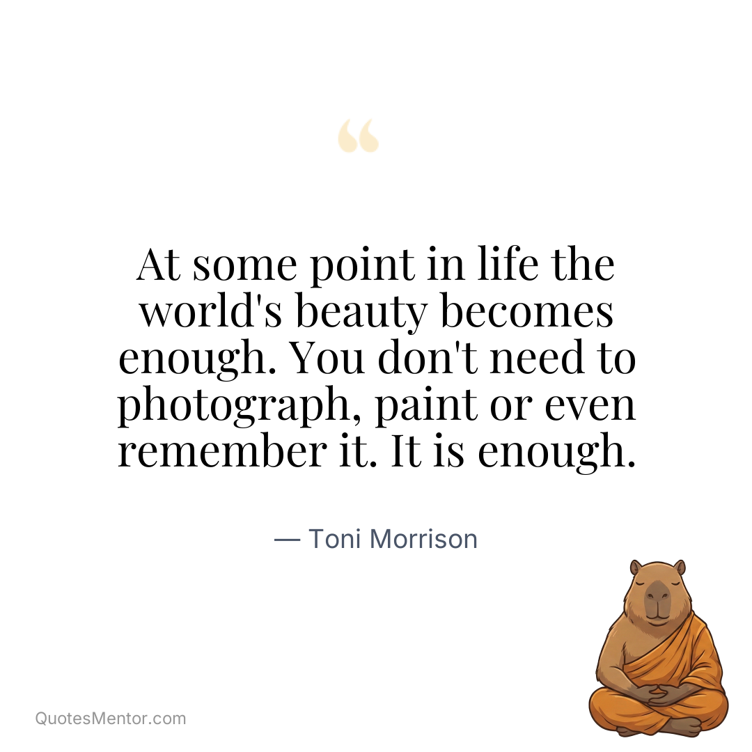 At some point in life the world’s beauty becomes enough. You don’t need to photograph, paint or even remember it. It is enough. - Toni Morrison