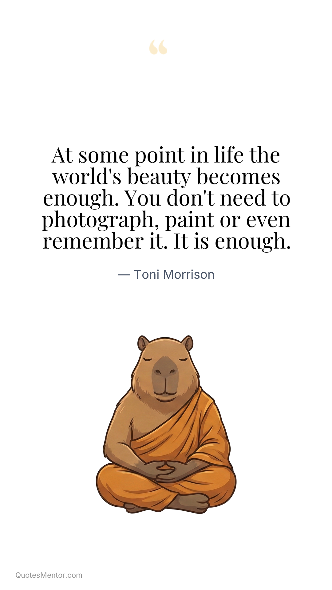 At some point in life the world's beauty becomes enough. You don't need to photograph, paint or even remember it. It is enough. - Toni Morrison