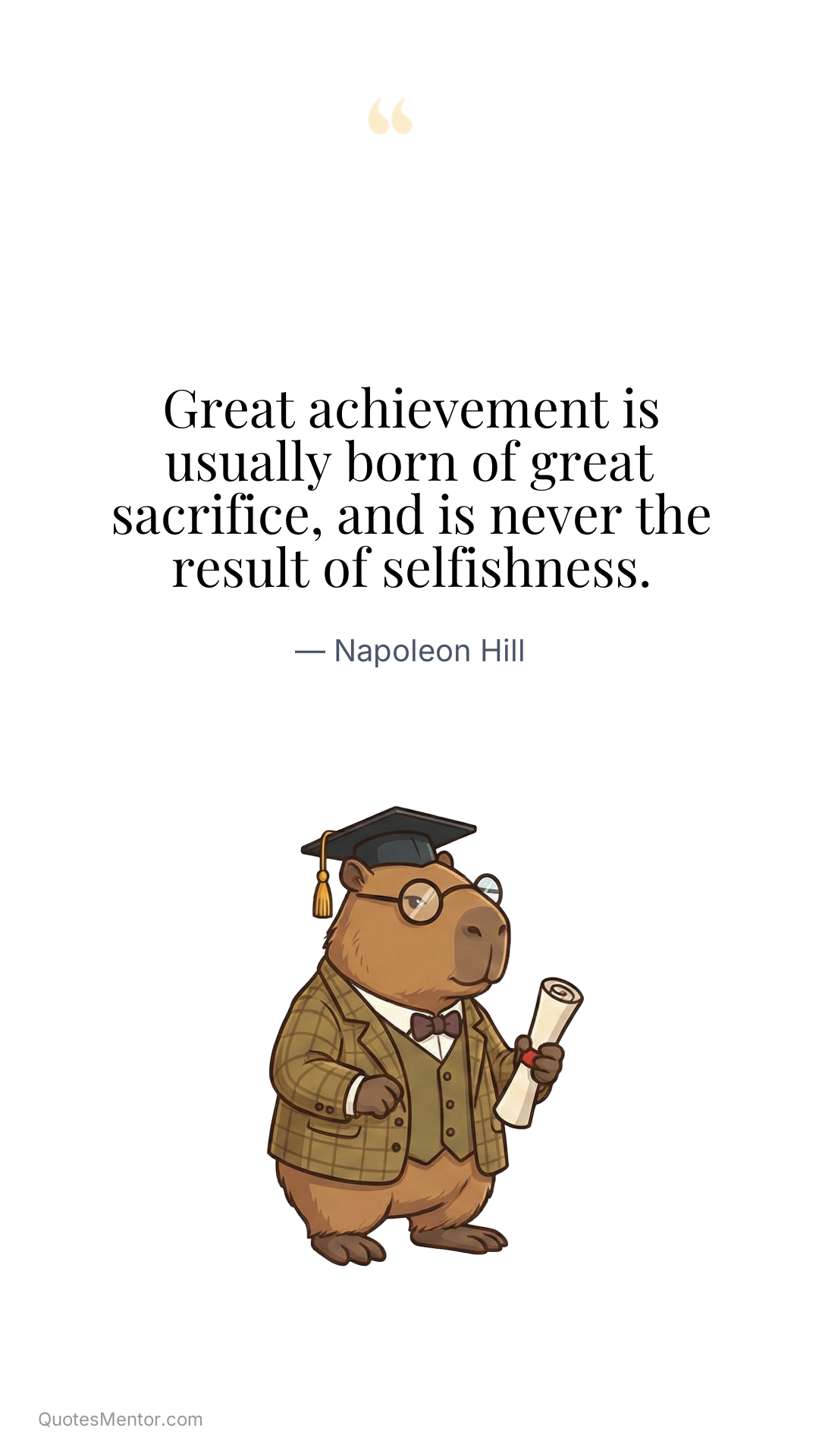 Great achievement is usually born of great sacrifice, and is never the result of selfishness. - Napoleon Hill