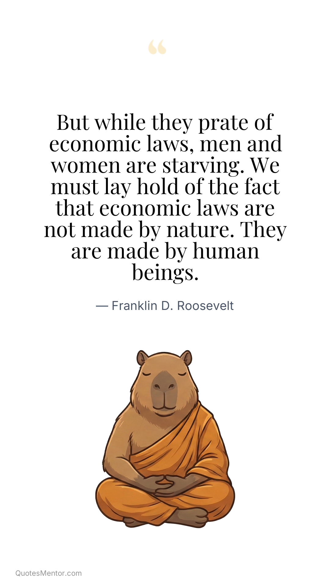 But while they prate of economic laws, men and women are starving. We must lay hold of the fact that economic laws are not made by nature. They are made by human beings. - Franklin D. Roosevelt