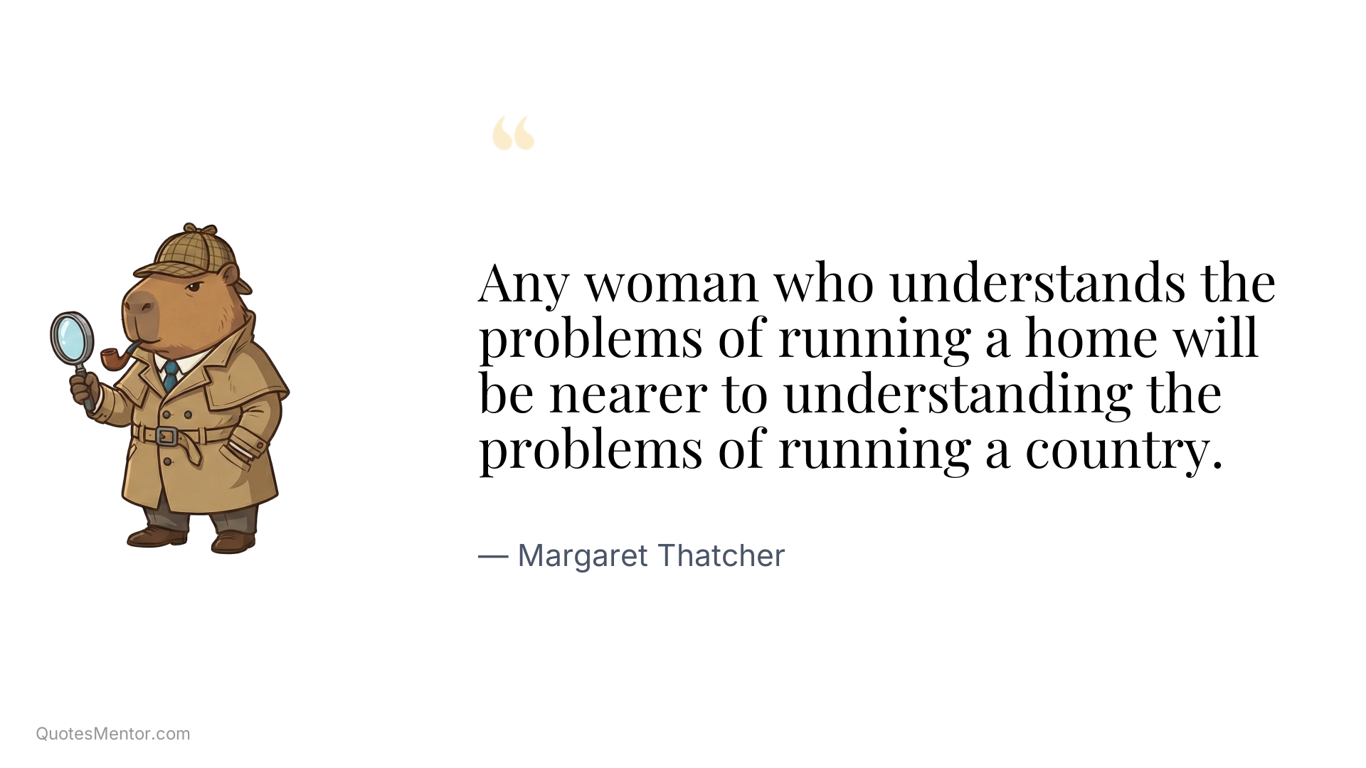 Any woman who understands the problems of running a home will be nearer to understanding the problems of running a country. - Margaret Thatcher