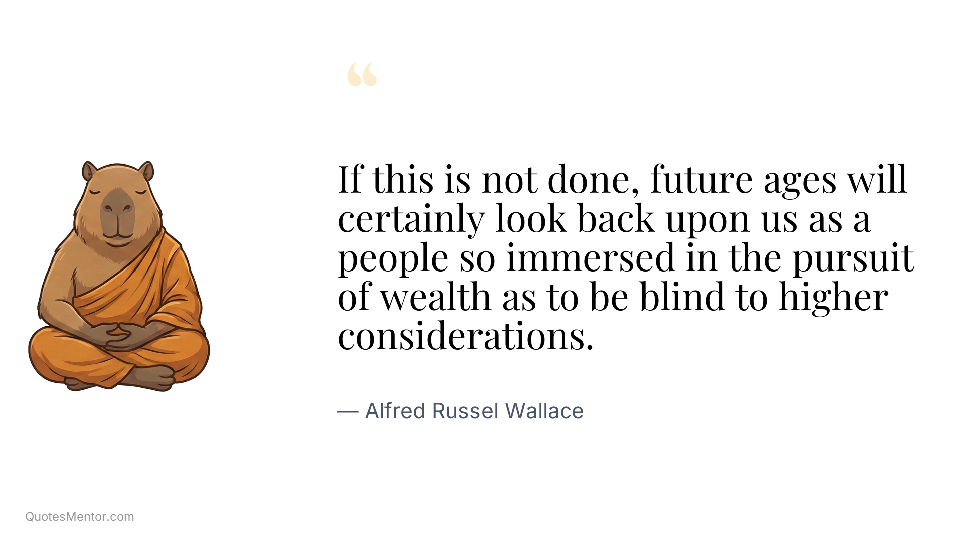 If this is not done, future ages will certainly look back upon us as a people so immersed in the pursuit of wealth as to be blind to higher considerations. - Alfred Russel Wallace