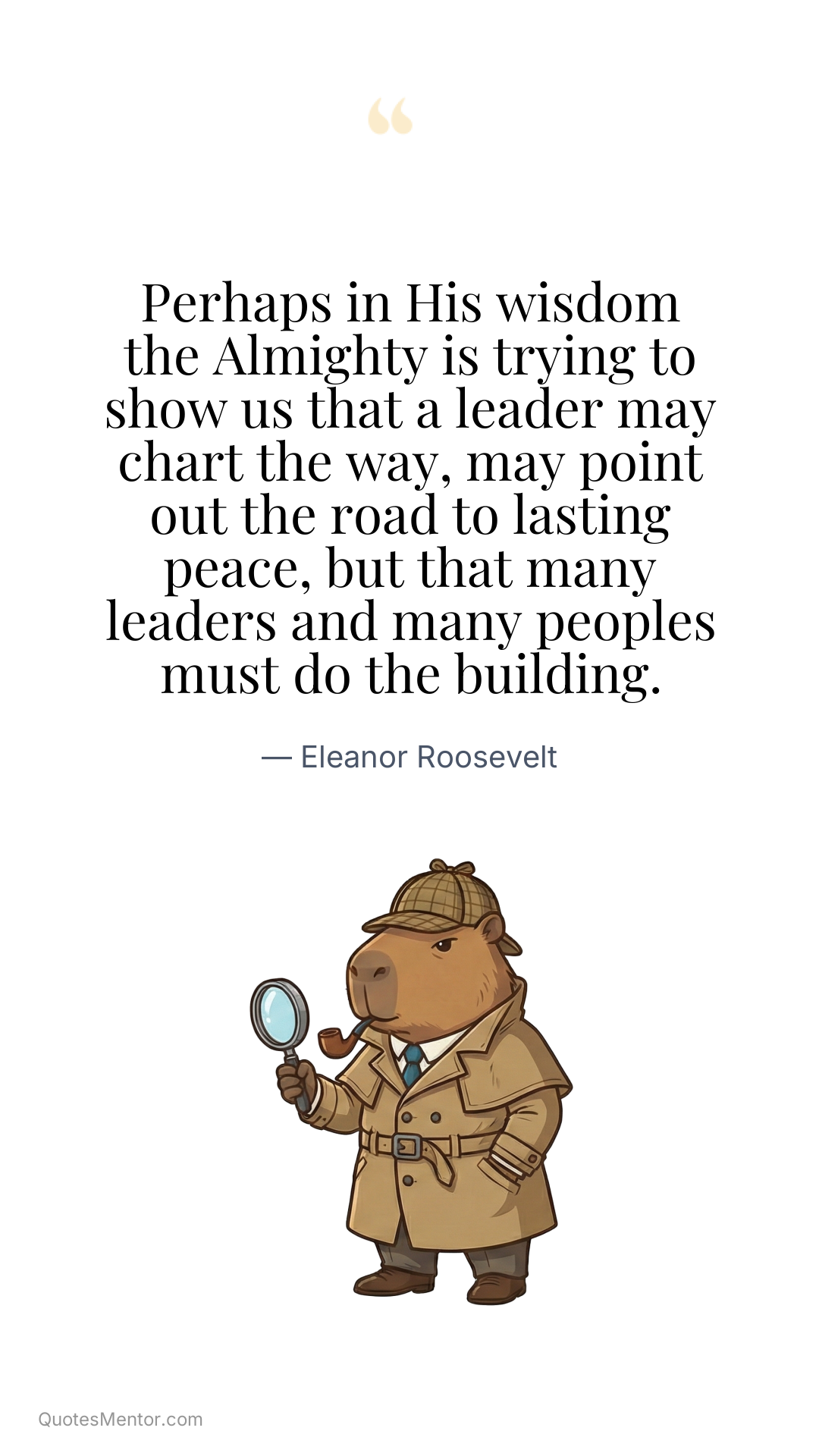 Perhaps in His wisdom the Almighty is trying to show us that a leader may chart the way, may point out the road to lasting peace, but that many leaders and many peoples must do the building. - Eleanor Roosevelt