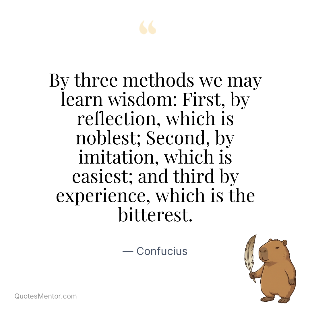 By three methods we may learn wisdom: First, by reflection, which is noblest; Second, by imitation, which is easiest; and third by experience, which is the bitterest. - Confucius