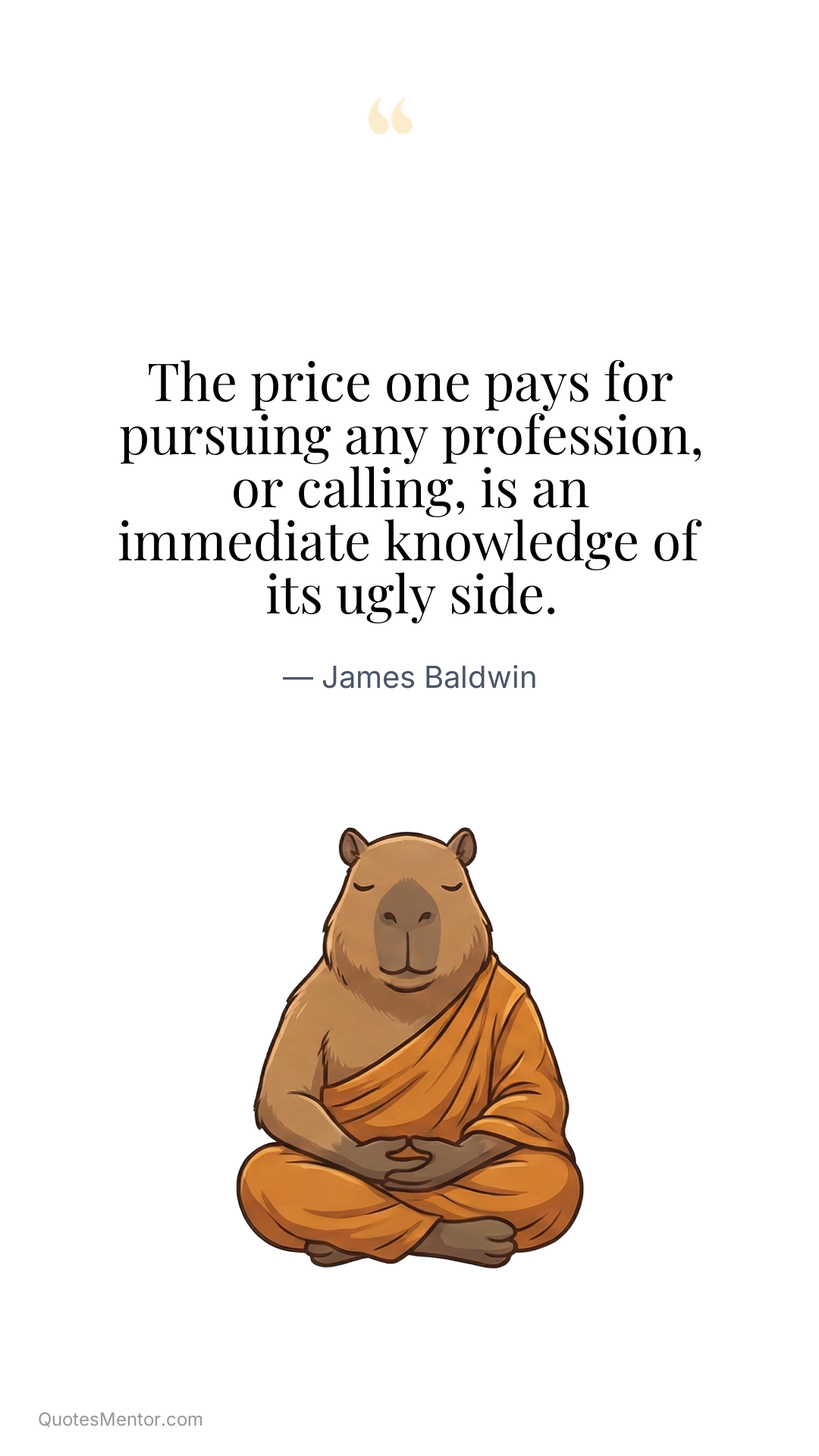 The price one pays for pursuing any profession, or calling, is an immediate knowledge of its ugly side. - James Baldwin