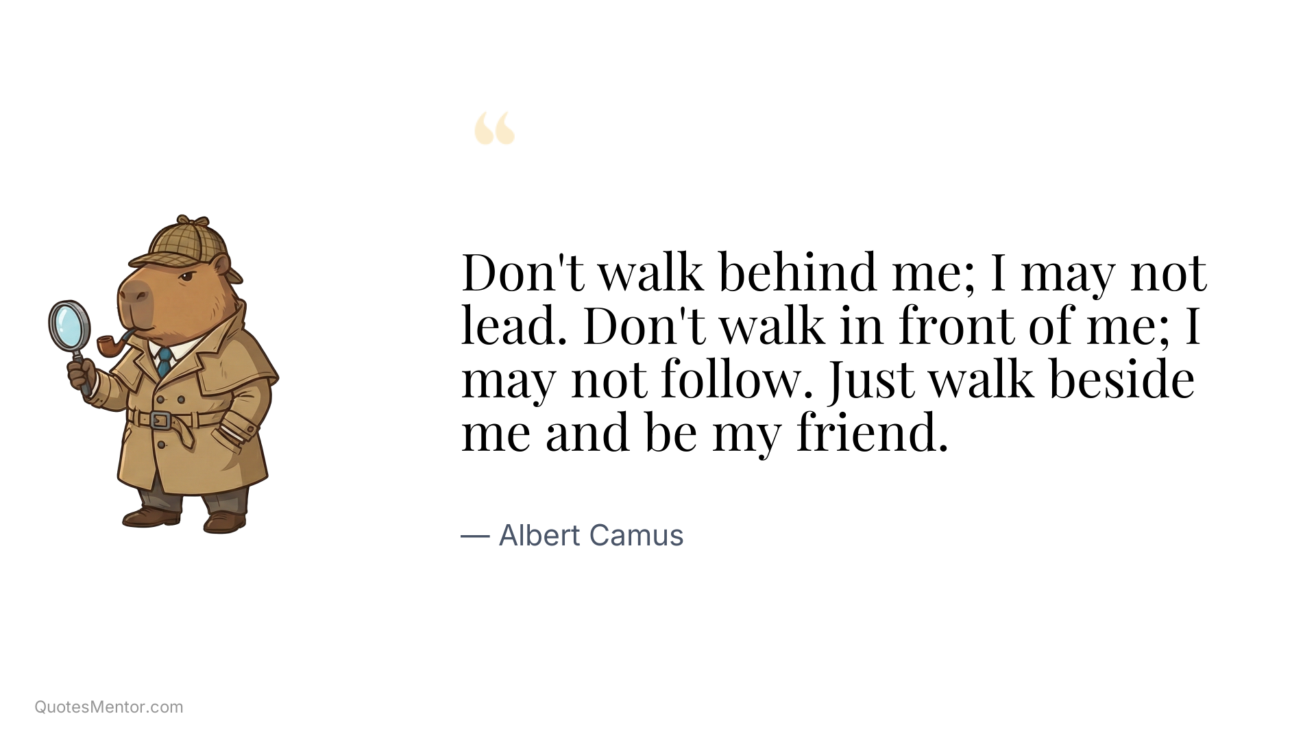 Don't walk behind me; I may not lead. Don't walk in front of me; I may not follow. Just walk beside me and be my friend. - Albert Camus