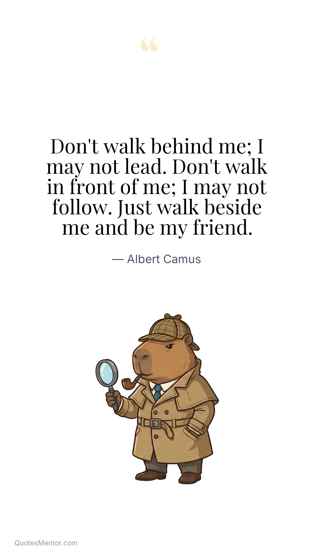 Don't walk behind me; I may not lead. Don't walk in front of me; I may not follow. Just walk beside me and be my friend. - Albert Camus