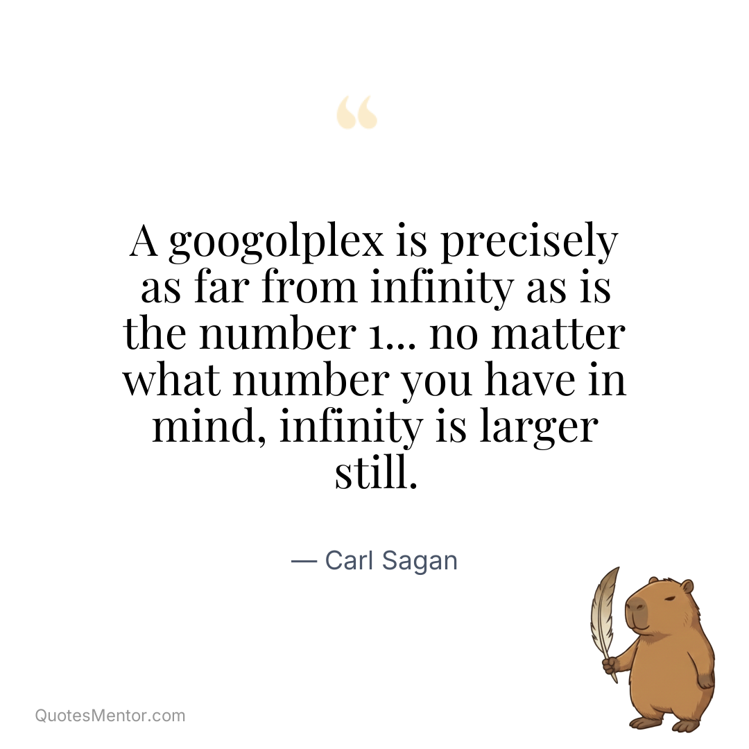 A googolplex is precisely as far from infinity as is the number 1... no matter what number you have in mind, infinity is larger still. - Carl Sagan