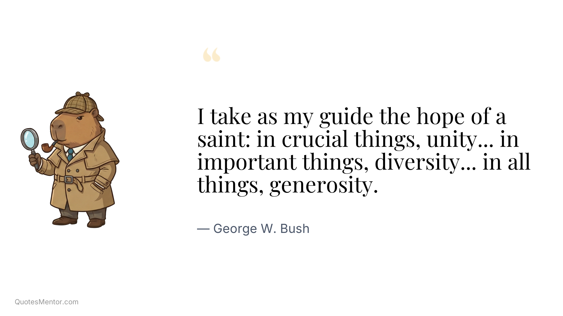 I take as my guide the hope of a saint: in crucial things, unity... in important things, diversity... in all things, generosity. - George W. Bush