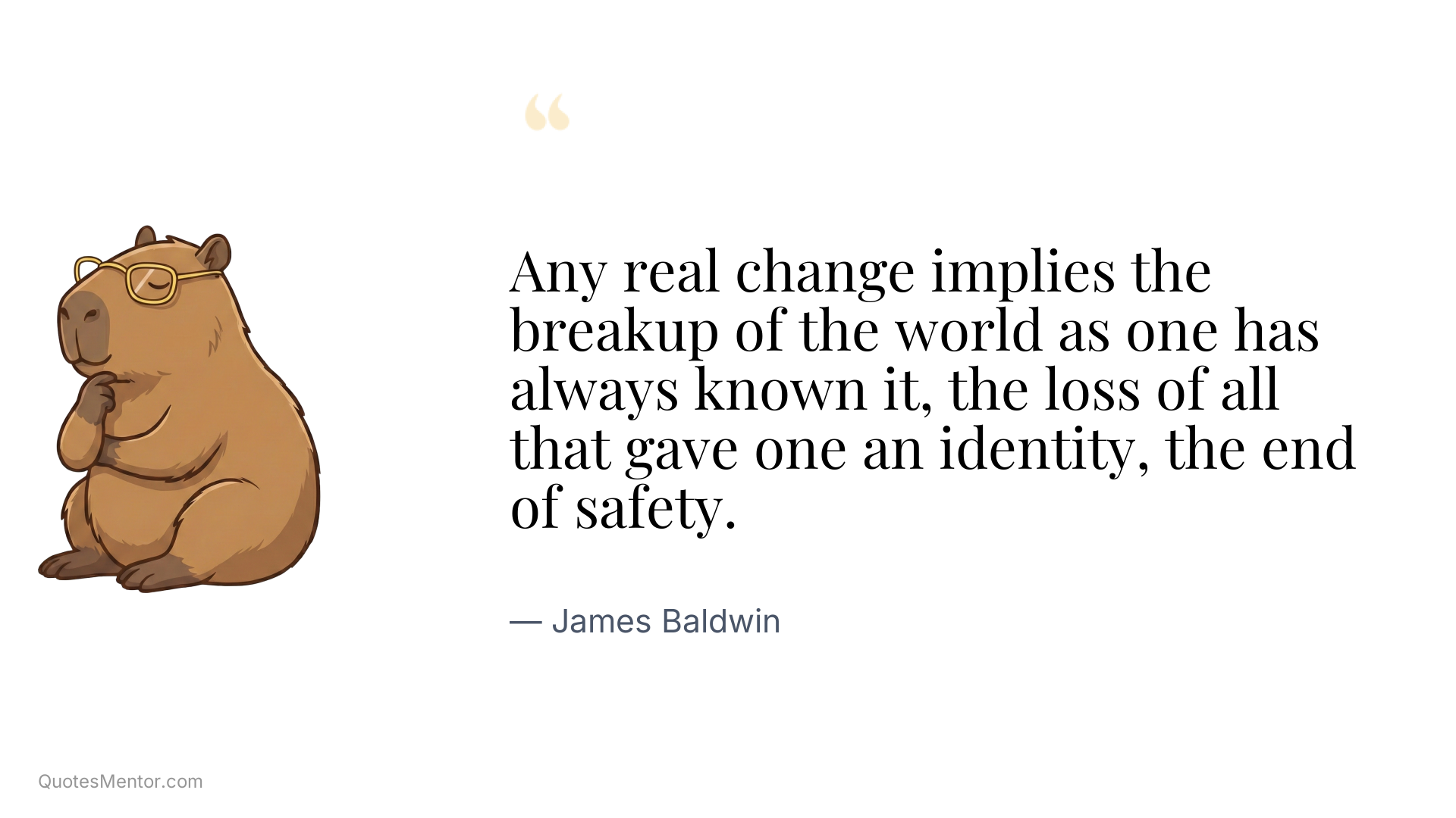 Any real change implies the breakup of the world as one has always known it, the loss of all that gave one an identity, the end of safety. - James Baldwin