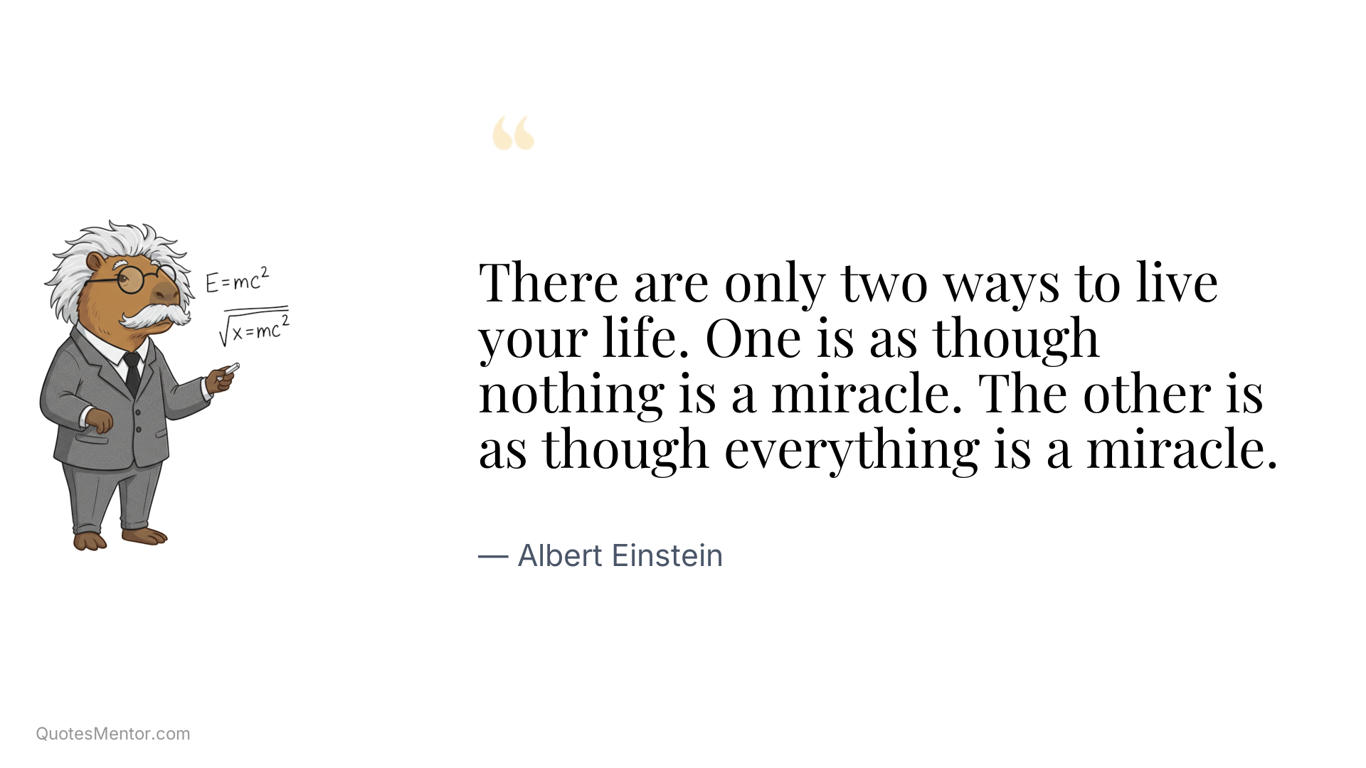 There are only two ways to live your life. One is as though nothing is a miracle. The other is as though everything is a miracle. - Albert Einstein