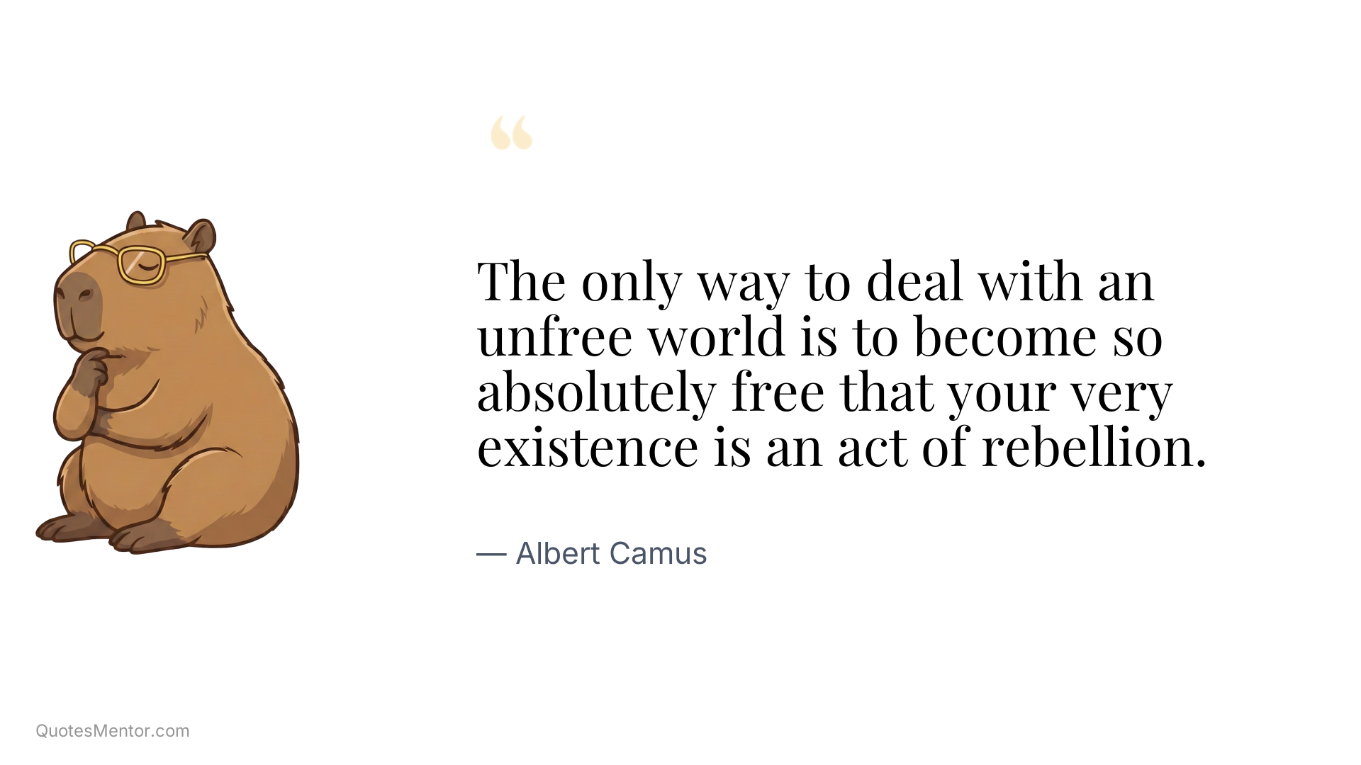 The only way to deal with an unfree world is to become so absolutely free that your very existence is an act of rebellion. - Albert Camus