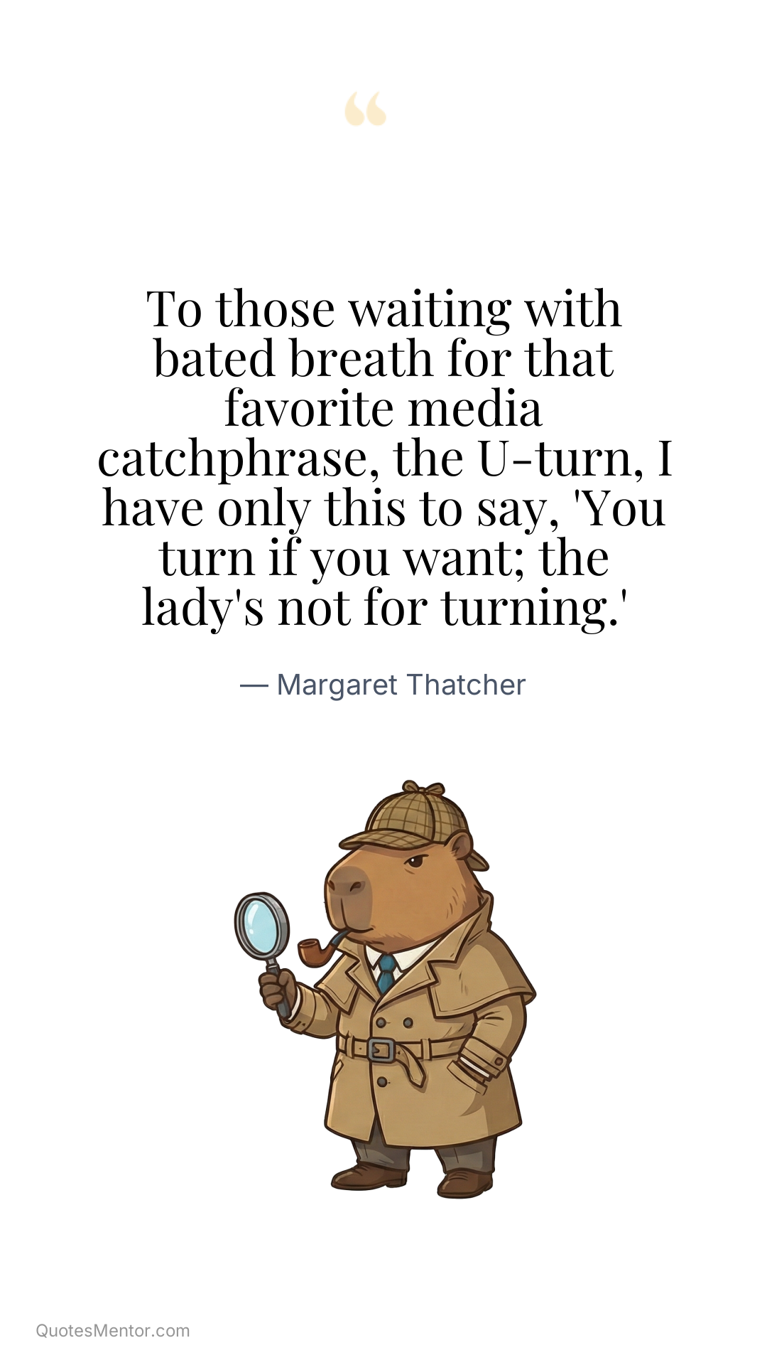 To those waiting with bated breath for that favorite media catchphrase, the U-turn, I have only this to say, 'You turn if you want; the lady's not for turning.' - Margaret Thatcher