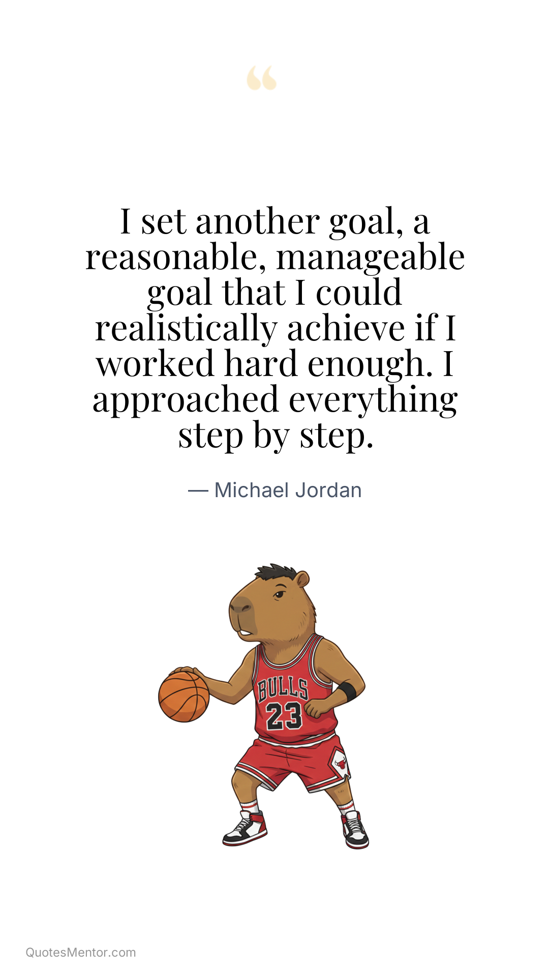 I set another goal, a reasonable, manageable goal that I could realistically achieve if I worked hard enough. I approached everything step by step. - Michael Jordan