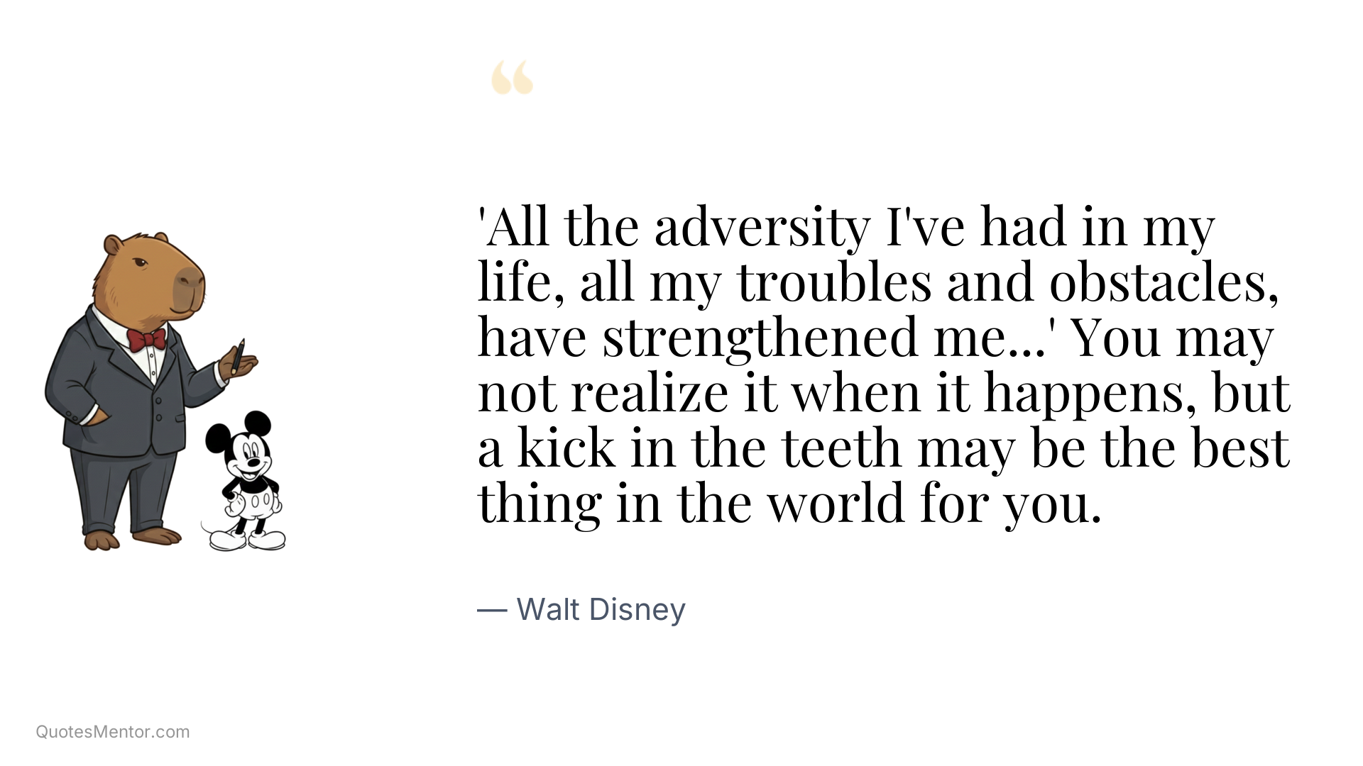 'All the adversity I've had in my life, all my troubles and obstacles, have strengthened me...' You may not realize it when it happens, but a kick in the teeth may be the best thing in the world for you. - Walt Disney