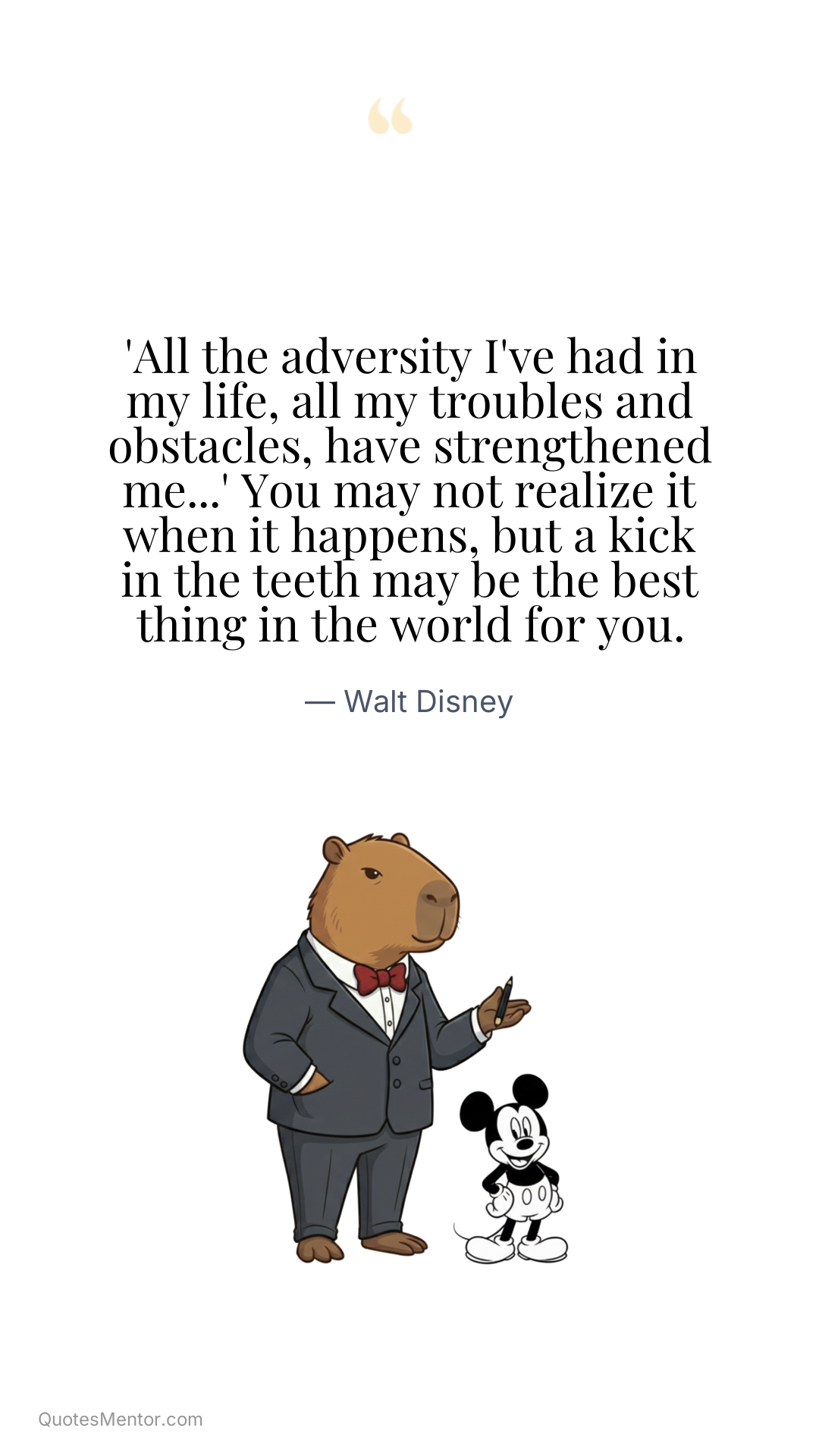'All the adversity I've had in my life, all my troubles and obstacles, have strengthened me...' You may not realize it when it happens, but a kick in the teeth may be the best thing in the world for you. - Walt Disney