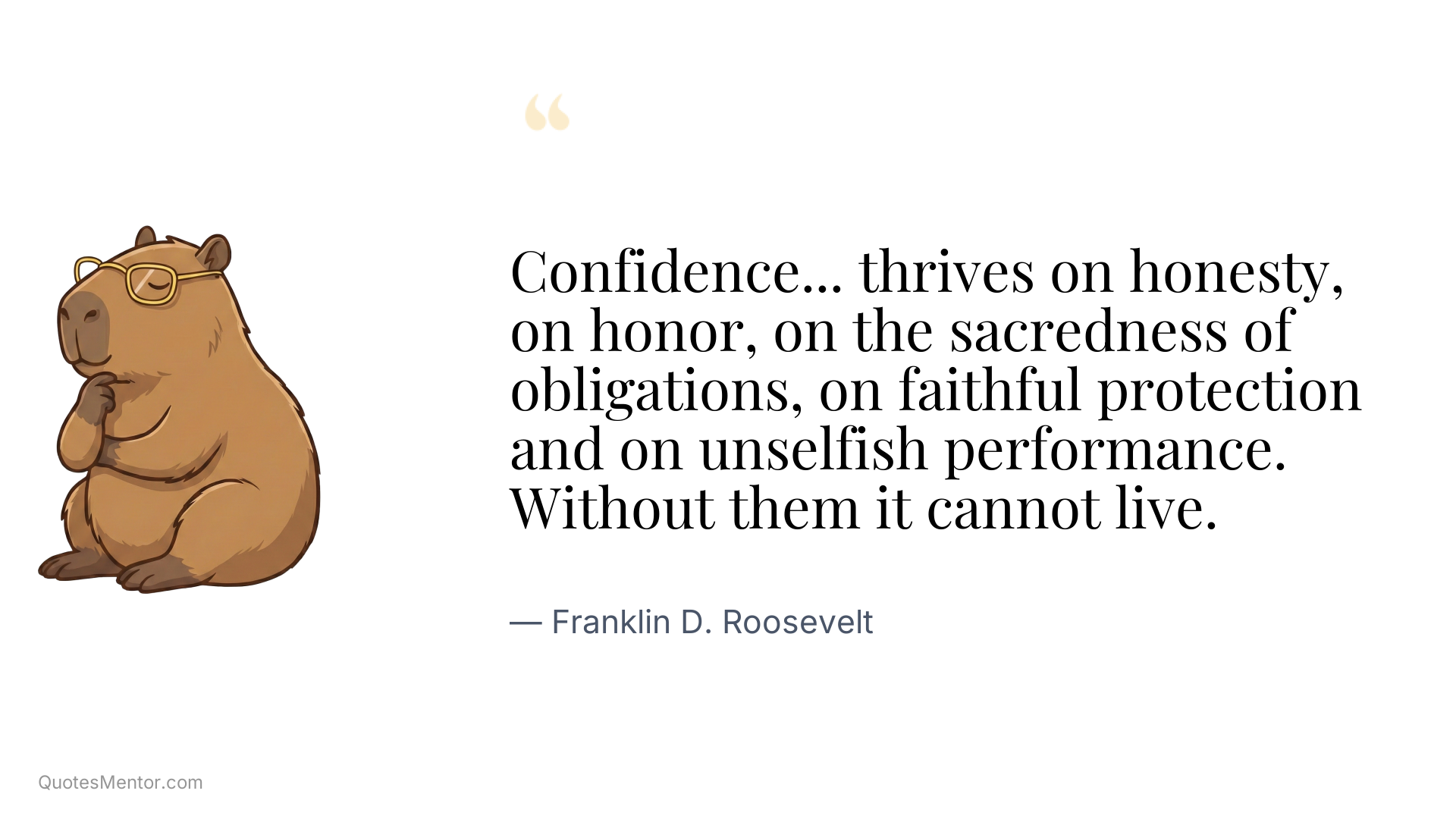 Confidence... thrives on honesty, on honor, on the sacredness of obligations, on faithful protection and on unselfish performance. Without them it cannot live. - Franklin D. Roosevelt