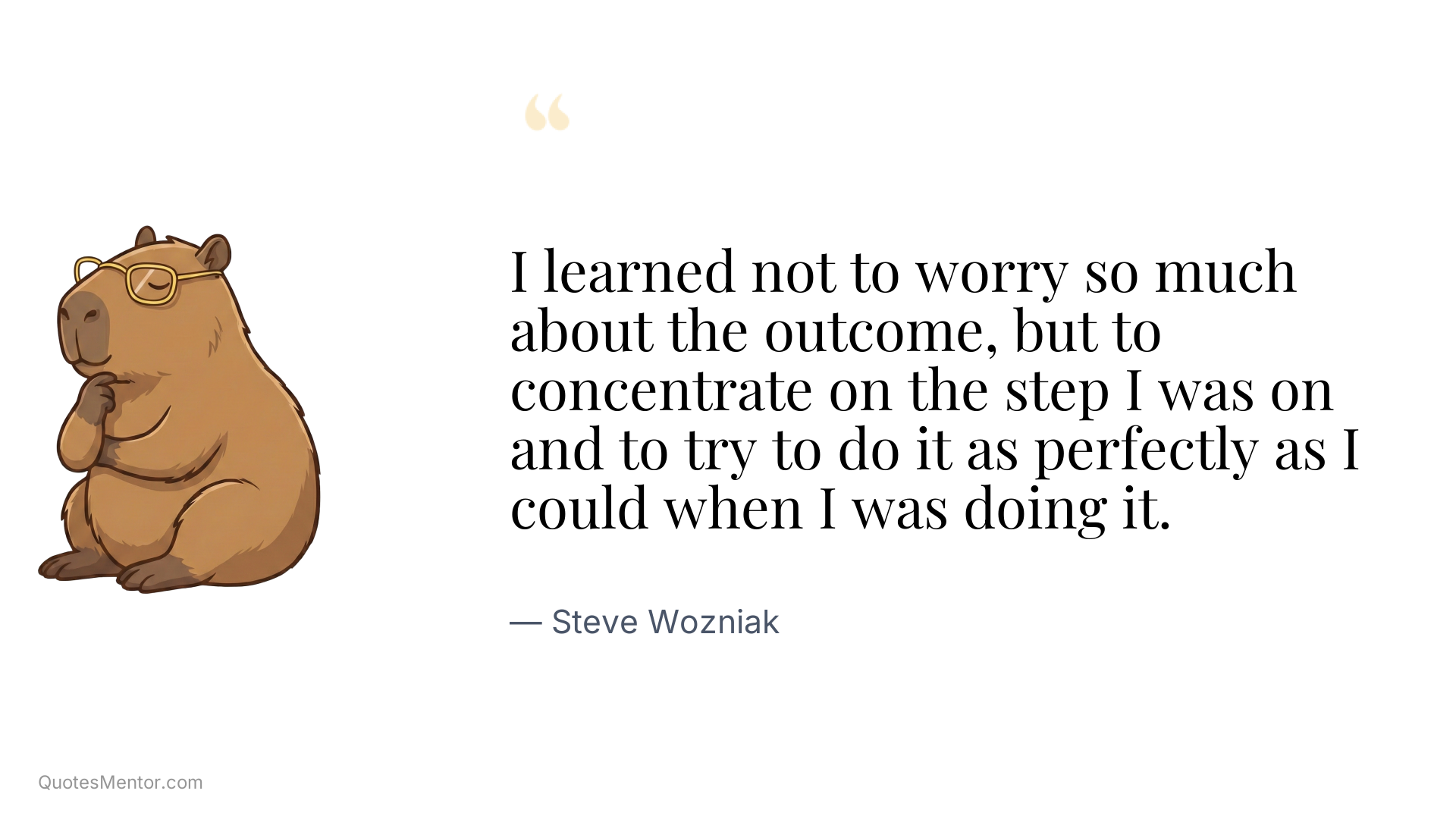 I learned not to worry so much about the outcome, but to concentrate on the step I was on and to try to do it as perfectly as I could when I was doing it. - Steve Wozniak